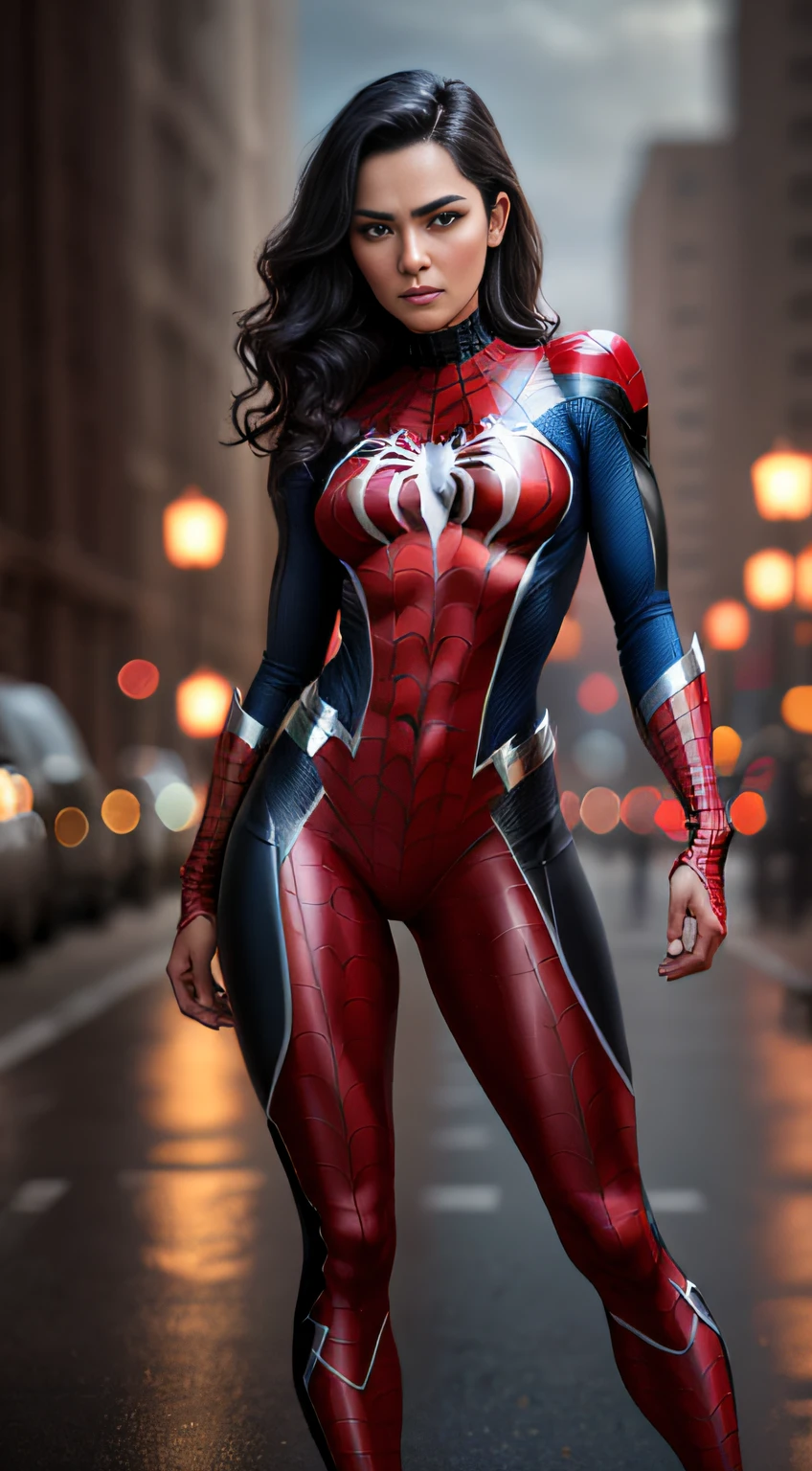 Detailed face, detailed eyes, realistic eyes, professional full body portrait photo of Spider-Woman: 1.3, by roof, long legs, Spider-Man costume, masterpiece, fine skin, sharp focus, depth of field. Female focus. Bokeh: 1.4, Cinematic Lighting, High Resolution, Masterpiece: 1.4, Best Quality, Realistic, Best Quality, Realistic, 4K, High Quality, hyper_detail, Skin Detail. RAW Photo, (High Detail Skin: 1.3), 8k Ultra HD, DSLR, Soft Lighting, Film Grain, Fujifilm XT3, Hasselblad Photography, Digital Composite.