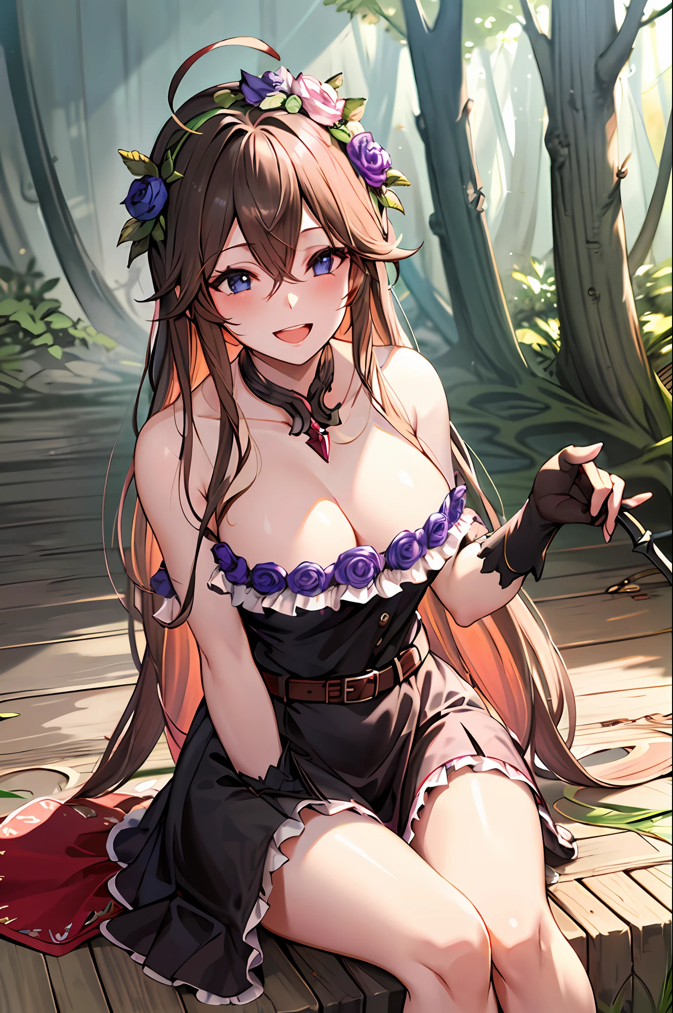 masterpiece, best quality, high resolution, ro1,room,, bare shoulders, garter, jewelry, ahoge, black gloves, black dress, black thighs, collarbone, belt, dagger, sitting, forest, smile, open mouth, blushing