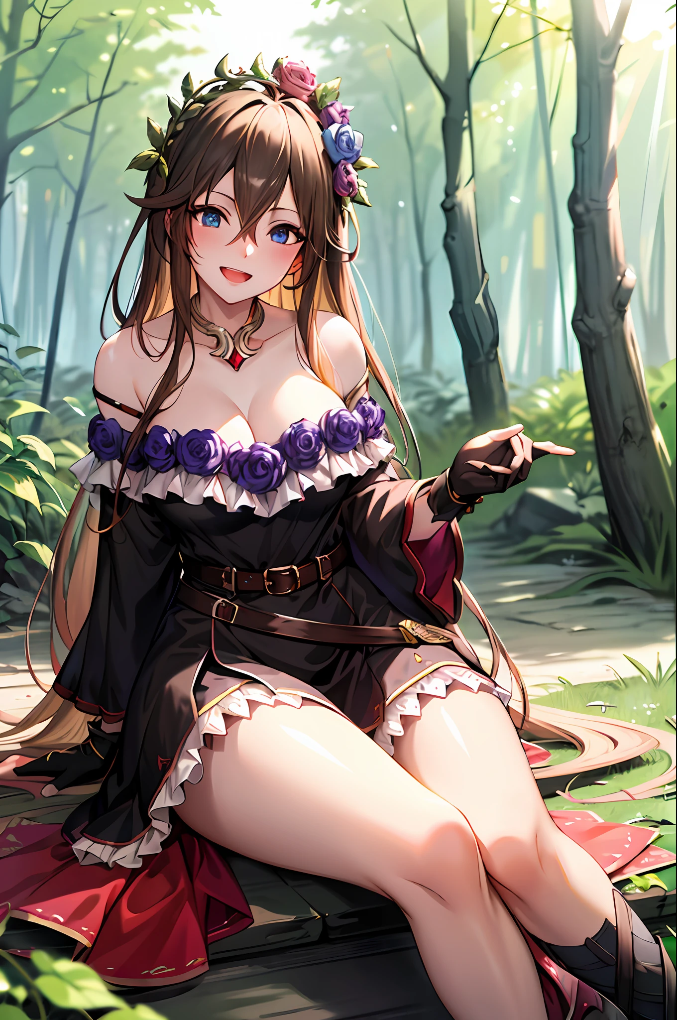 masterpiece, best quality, high resolution, ro1,room,, bare shoulders, garter, jewelry, ahoge, black gloves, black dress, black thighs, collarbone, belt, dagger, sitting, forest, smile, open mouth, blushing