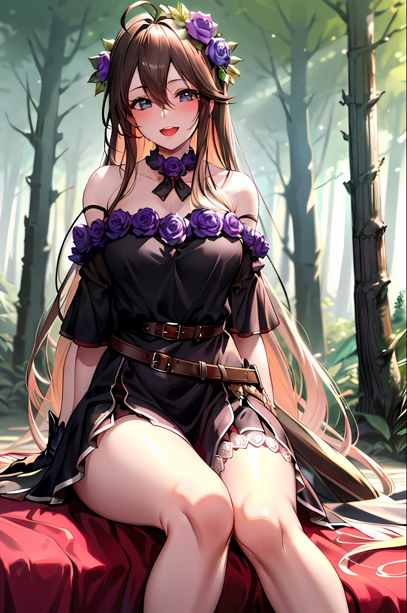 masterpiece, best quality, high resolution, ro1,room,, bare shoulders, garter, jewelry, ahoge, black gloves, black dress, black thighs, collarbone, belt, dagger, sitting, forest, smile, open mouth, blushing