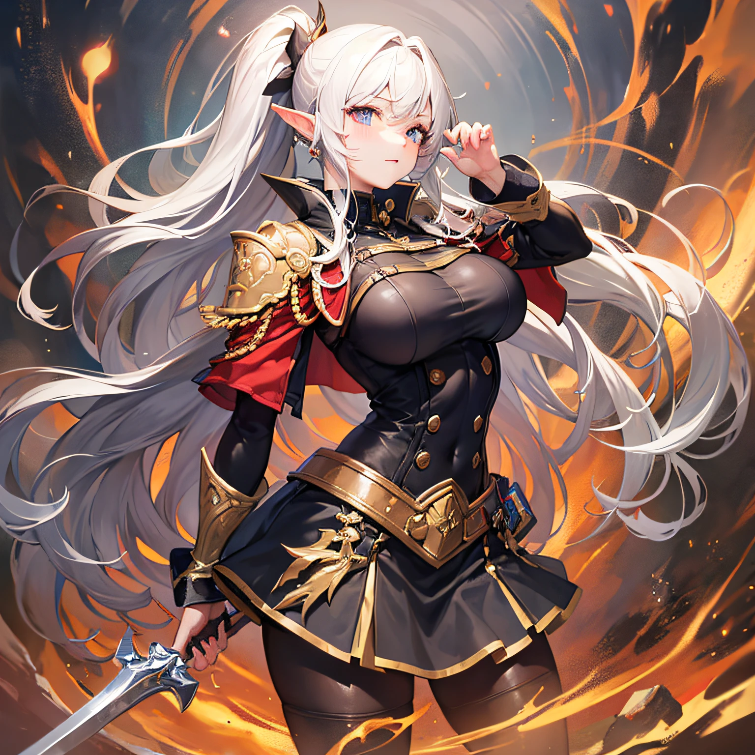Peerless beauty, perfect slim body, mature royal sister face, long hair, curly hair, college combat uniform, sexy and alluring, beautiful face, full body portrait, standing pose, 4K picture quality, feminine expression, blush shyness, deep eyes, huge breasts, short skirt, sword and magic. The bust is greatly large, fighting with Warcraft, speed lines, the best quality, masterpieces. Double ponytail