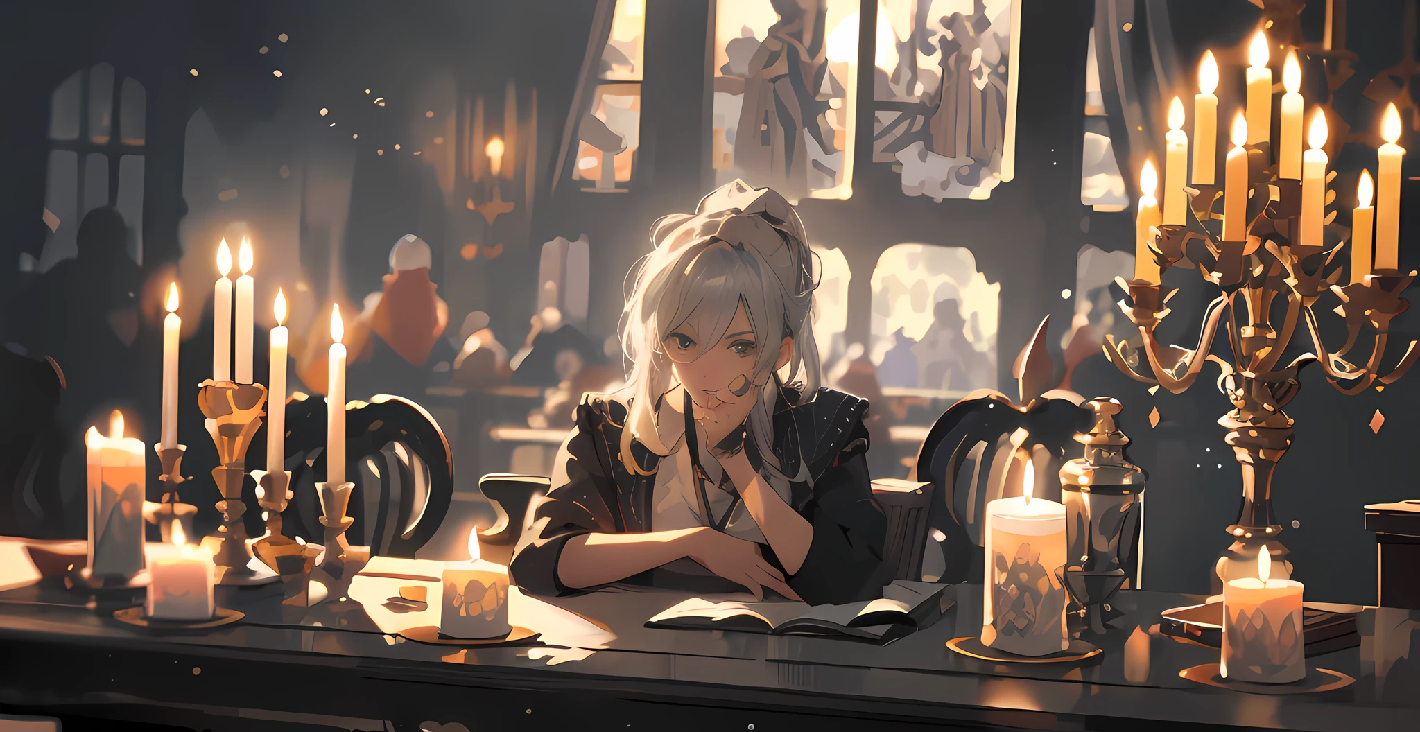 A mature and intellectual silver-haired working woman reads a book on a medieval-style table filled with candles, looking at the camera, single, high detail, moderate saturation, light and shadow contrast