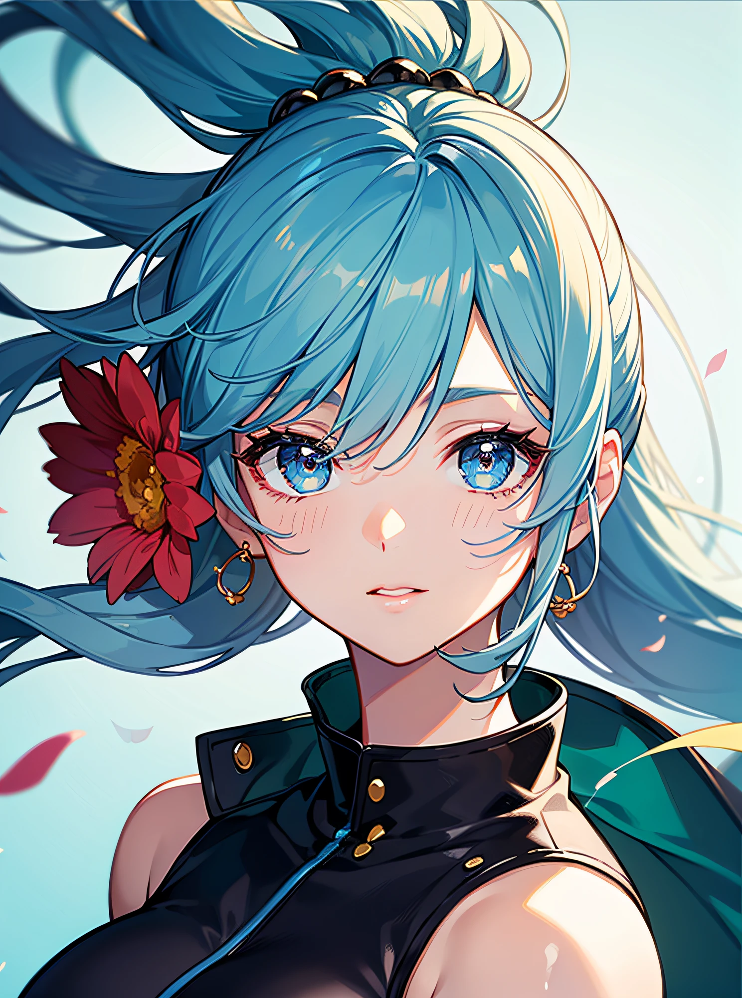 (masterpiece), (best quality), (ultra detailed),(disheveled hair),(illustration), (1girl), (Fashionable clothing), standing, Fashion model, looking at viewer, (interview), (simple background),beautiful detailed eyes, delicate beautiful face, Floating,(high saturation),(colorful splashes),colorful bubble,(shining), focus on face, ponytail, kamisato ayaka, light blue hair, bangs, hair ring, floating flowers, floating hairs, (shining), best lighting, best shadow,
