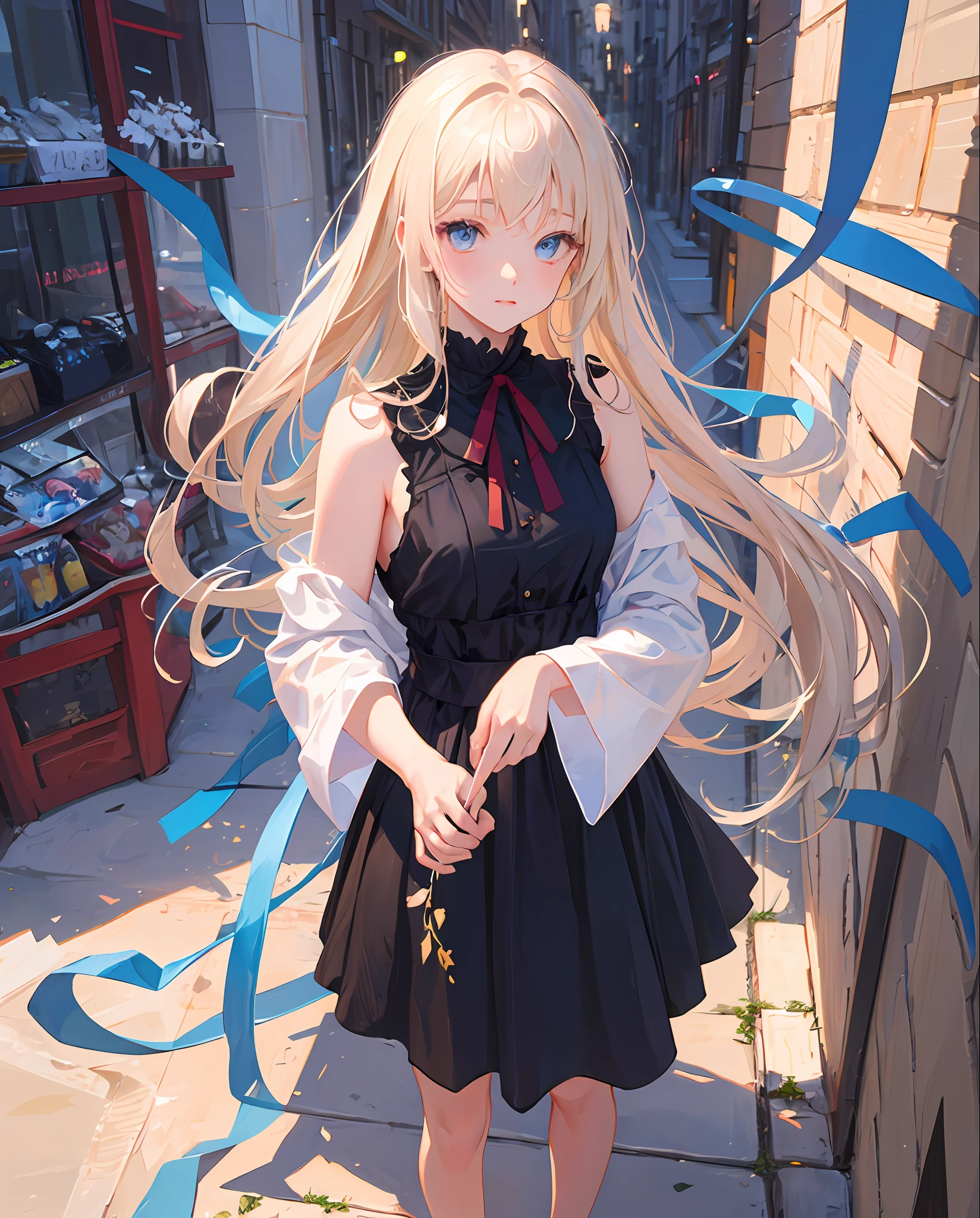 masterpiece, best quality, one girl, long hair, black dress, blue ribbon,