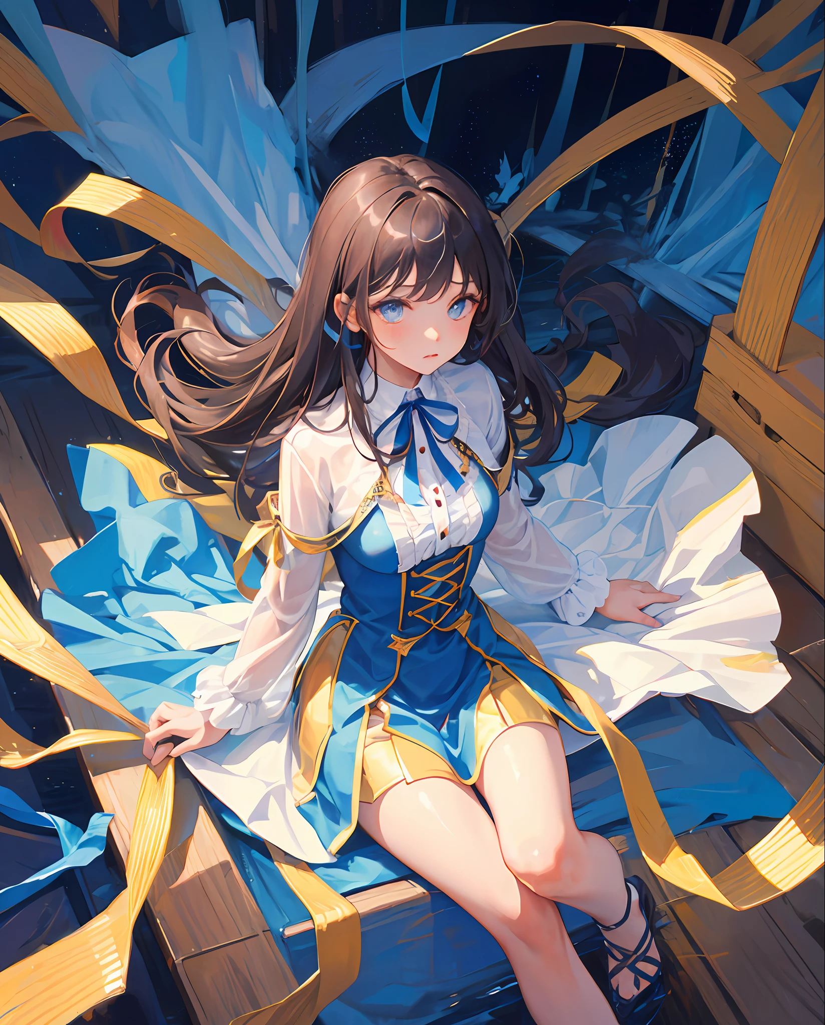 masterpiece, best quality, one girl, long hair, black dress, blue ribbon,
