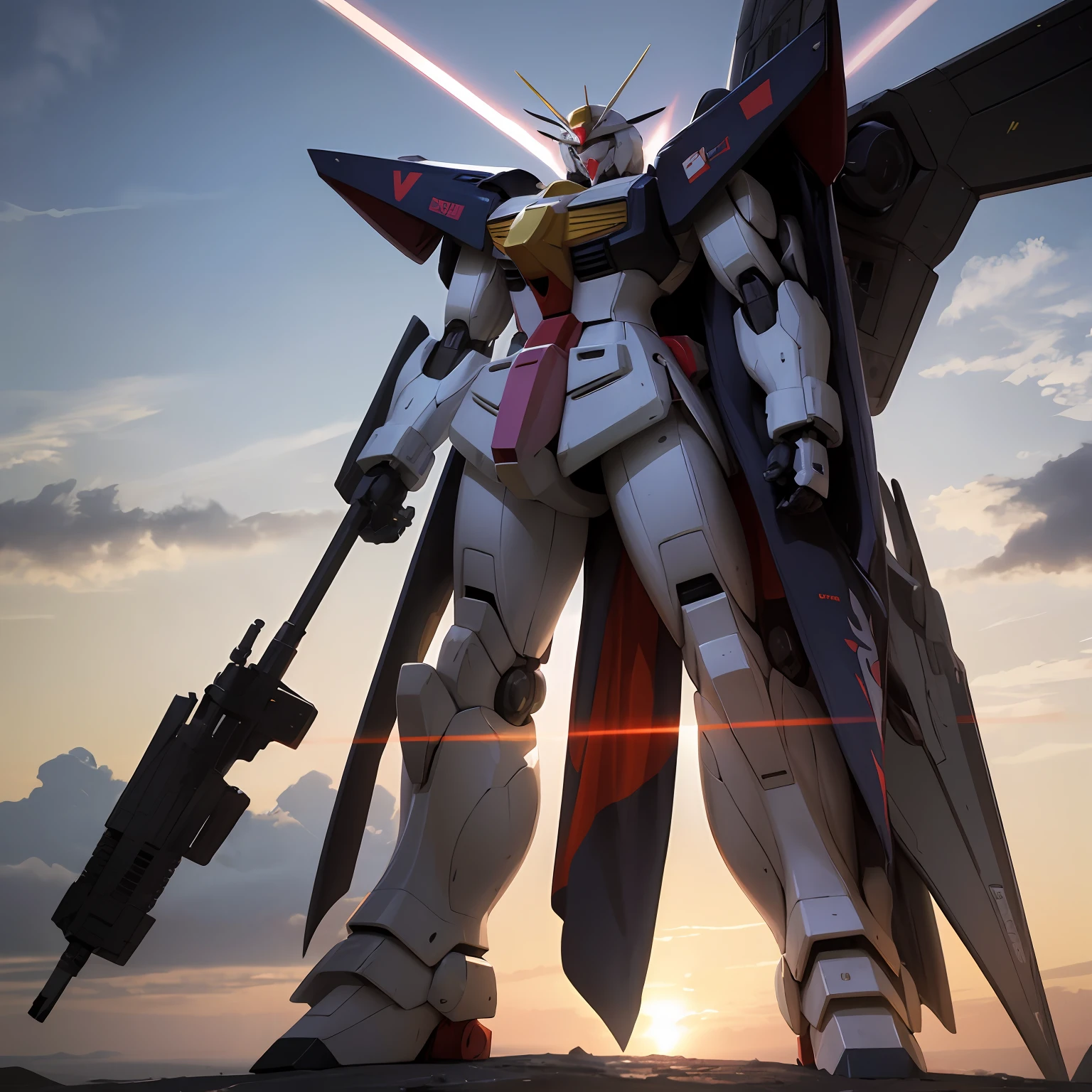 High quality, Japanese anime style, a Gundam similar robot, combining the features of Assault Freedom Gundam, Destiny Gundam, Black Assault Gundam, V2 Gundam, Infinite Justice Gundam, Flying Wing Zero Gundam. --auto