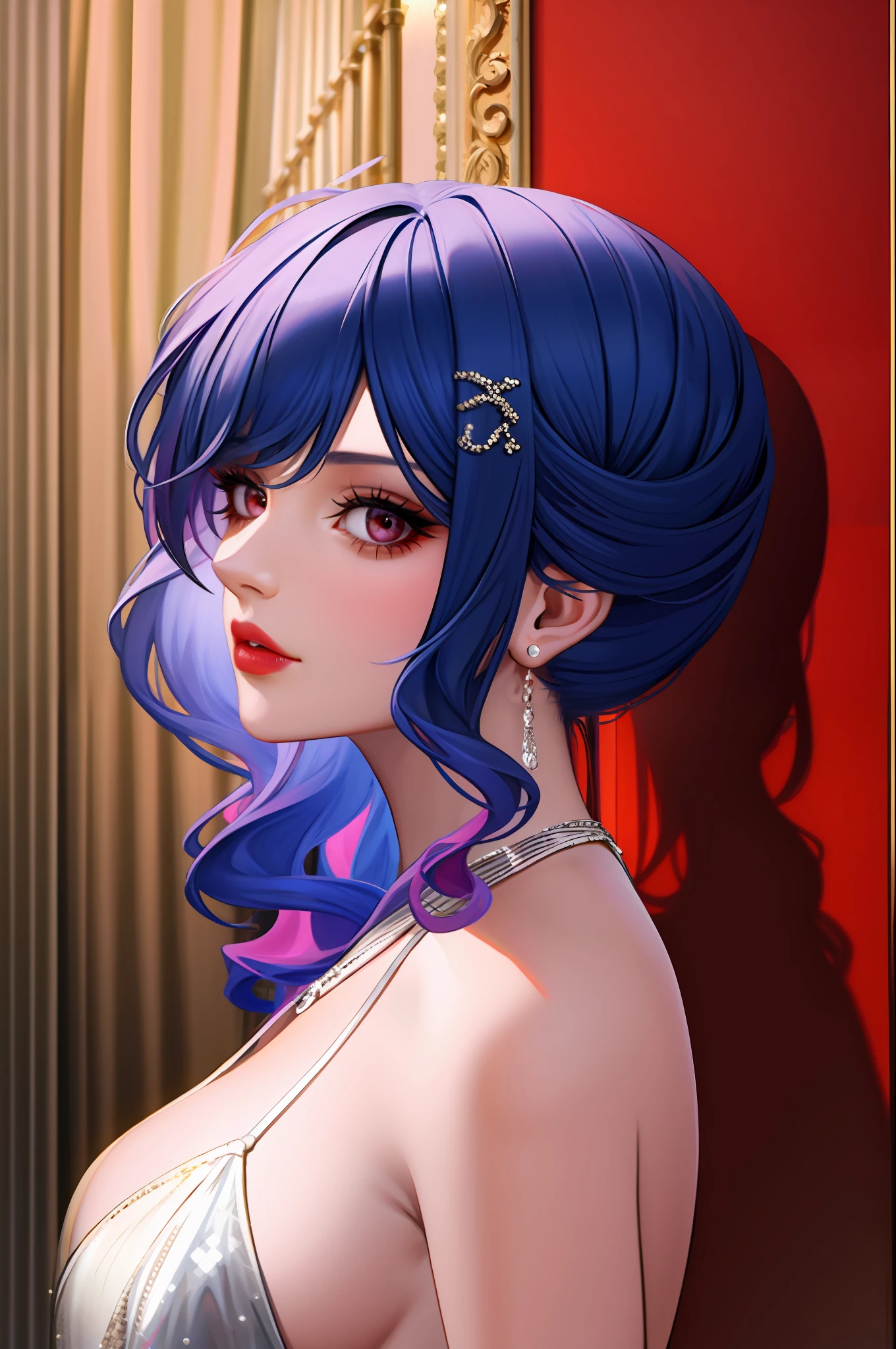 1 Girl, Solo, Red Theme, Looking at the Viewer, Room, Portrait, From the Side, Bad Girl, ((Mature Female)), Big Breasts