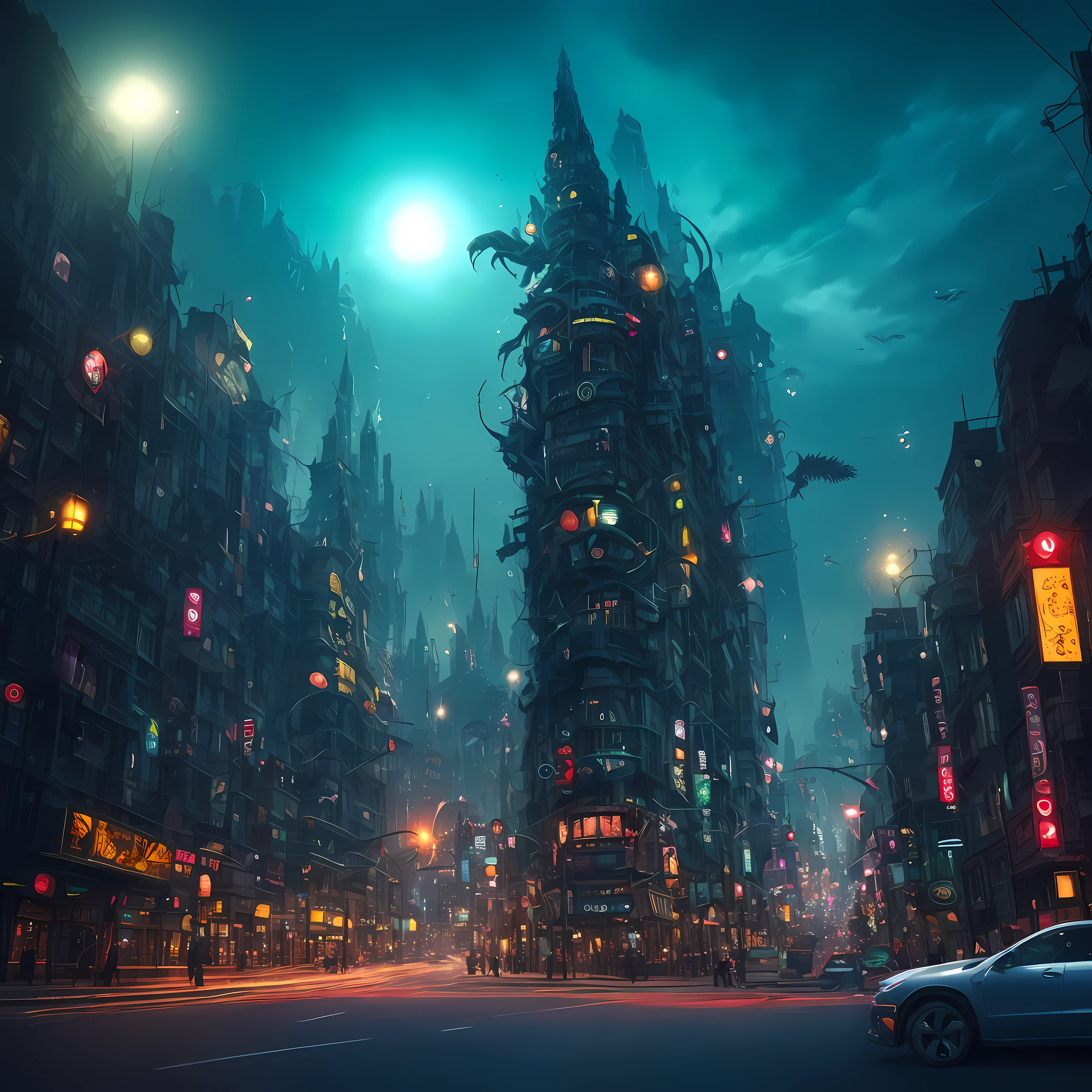 Buildings street, disturbing scene, close-up, photography, natural light, photorealism, cinematic rendering, ray tracing, highest quality, best detail, cinematic, third person view, blur effect, long exposure, 8K, ultra HD, nature lighting, moody lighting, cinematic lighting Against the backdrop of night city scenes, Generate city fantasy artwork of huge, stylized Cthulhu and inspired creatures. Incorporate elements of Cthulhu squid and Lovecraft to illustrate the cyborg octopus' paintings in detail. --auto