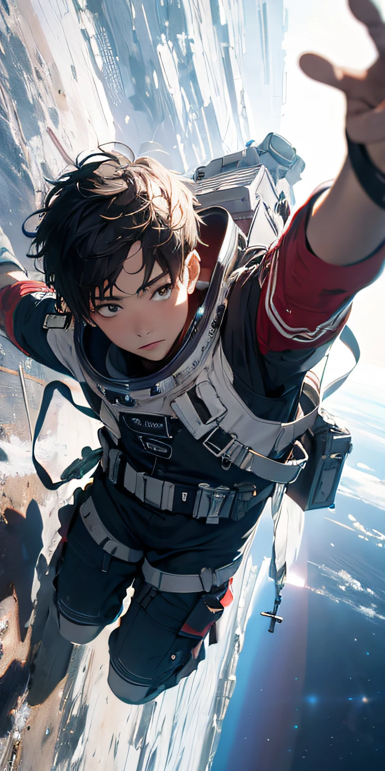 ridiculous resolution, high resolution, (masterpiece:1.4), super detailed, 1boy, seen from above, space, floating, --v 6
