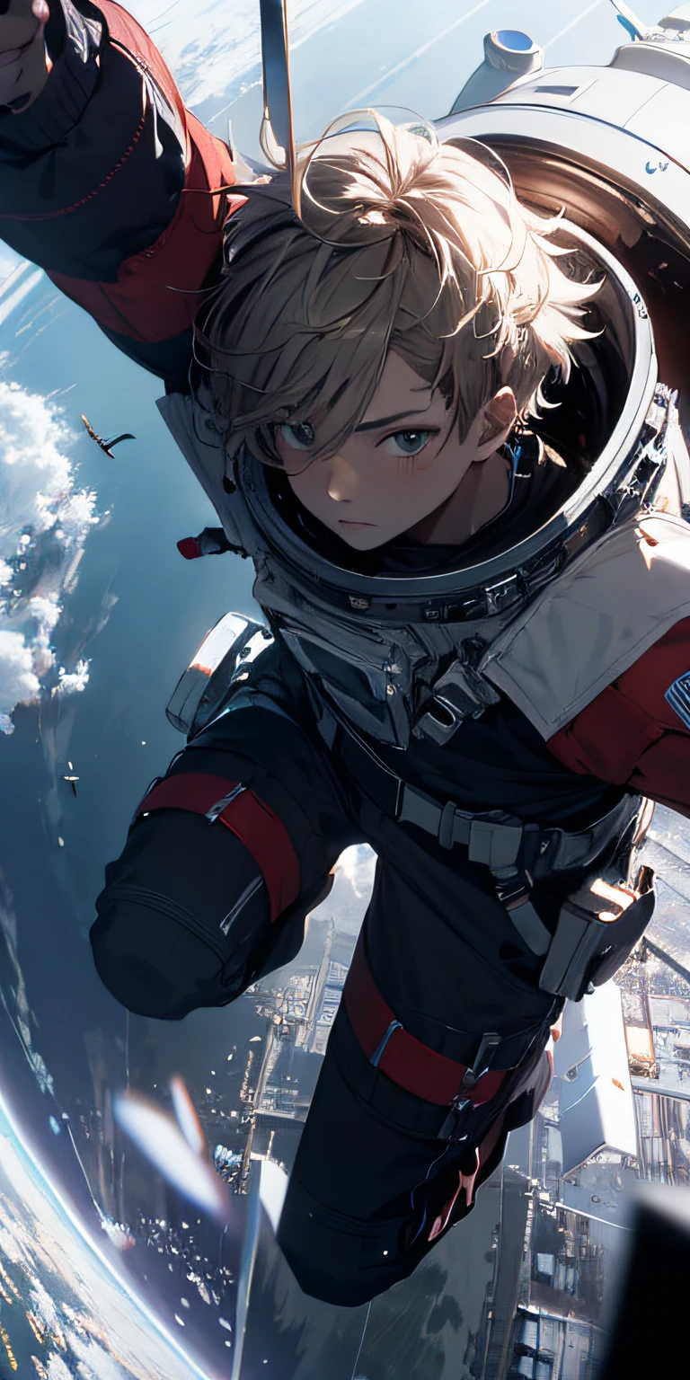 ridiculous resolution, high resolution, (masterpiece:1.4), super detailed, 1boy, seen from above, space, floating, --v 6