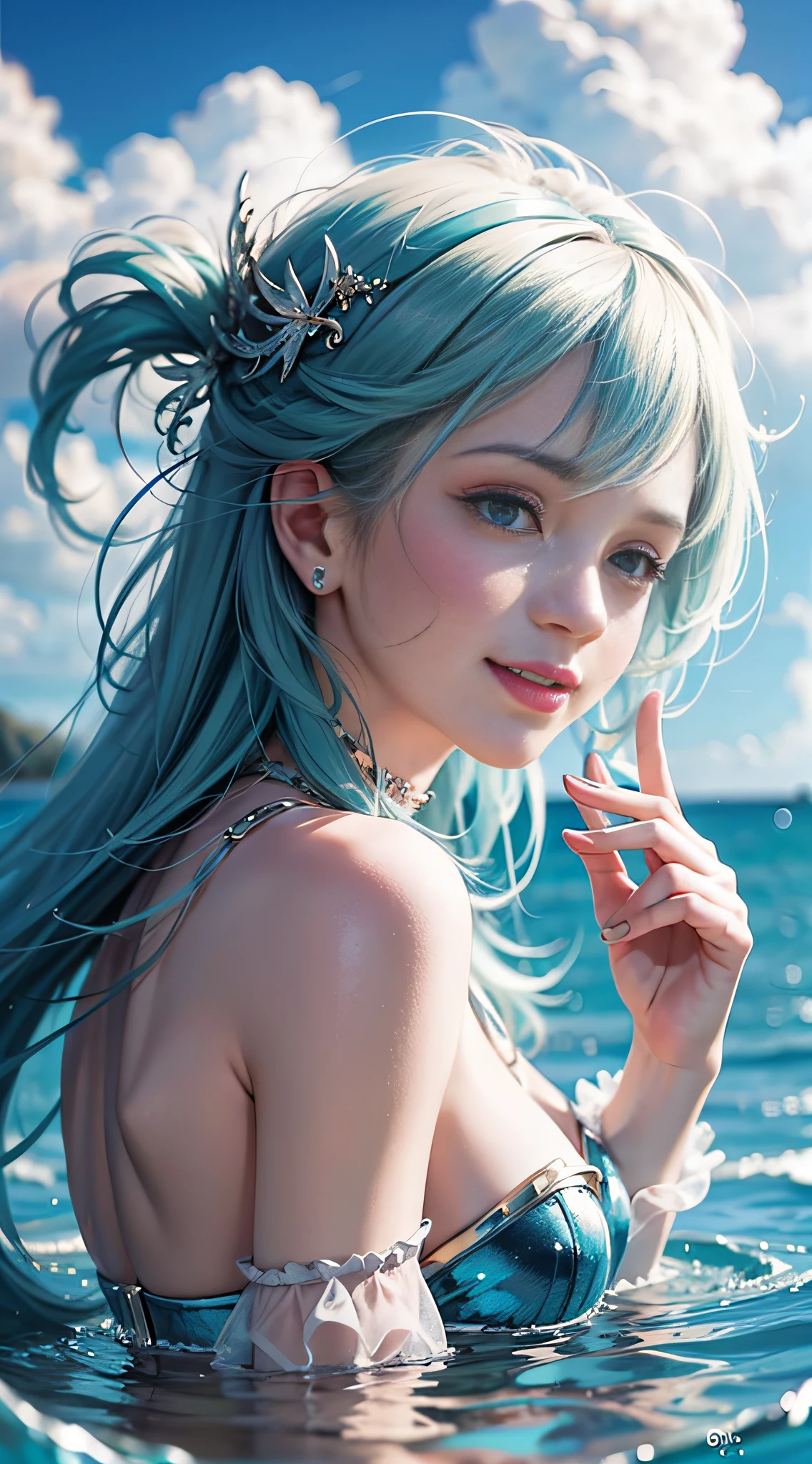 Best quality, 8K, upper body, don't miss fingers, 1 girl, mermaid, smile, solo, seaside, blue sky, clear water, white and tender skin,