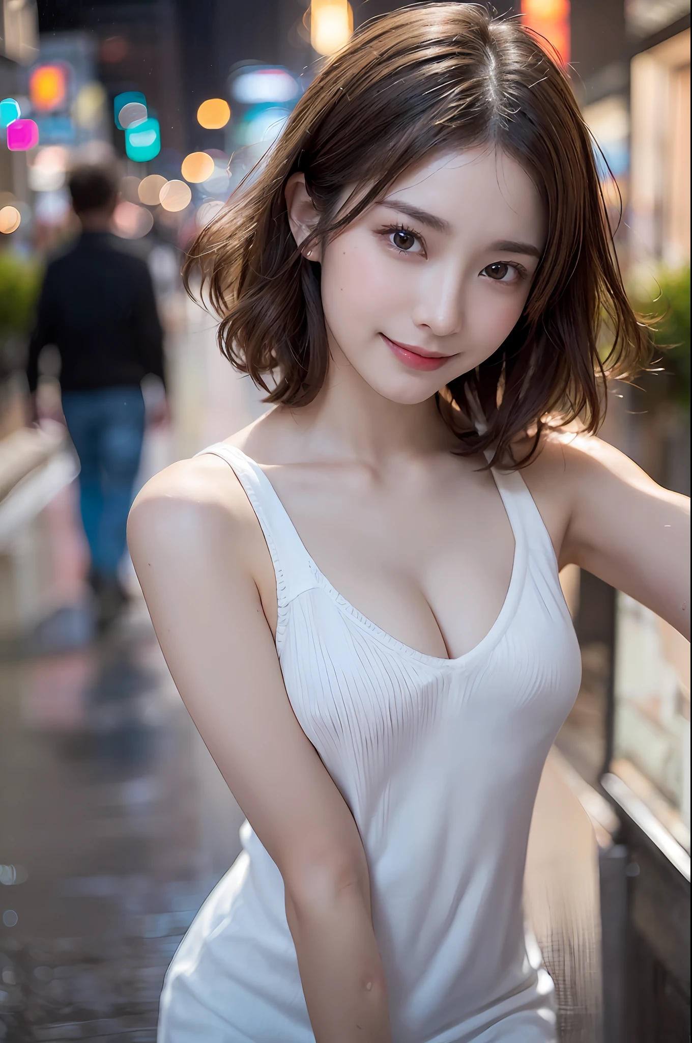 ((64K, UHD, Best Quality, Masterpiece: 1.2), (Realistic, Photorealistic: 1.37), Ultra Detail, (Tokyo, Busy Street, Night, Rain: 1.2), Professional Lighting, Photon Mapping, Radiosity, Physically Based Rendering, Masterpiece, Rich Detail, (Fine Face),(Fine Eyes), (Clear Face), (Detailed Face Description), (Detailed Hand Description), ( masterpiece), realistic, extreme light and shadow, shiny skin,shiny hair, wet skin, one girl, 18 years old, Japan, cute, (smile,happy:1.2)(gradient brown hair, short curly hair:1.2),small tall, slender: 1.2、double, fine clavicle, clavicle, (small breasts, flat chest:1.37),(front view, Cowboy Shot: 1.3), (Knitted Deep V Neckline Slip Dress, Micro Mini, sideboob, Bare Waist, Bare Armpit, Cleavage: 1.2), Armpit Focus, Tousled Hair