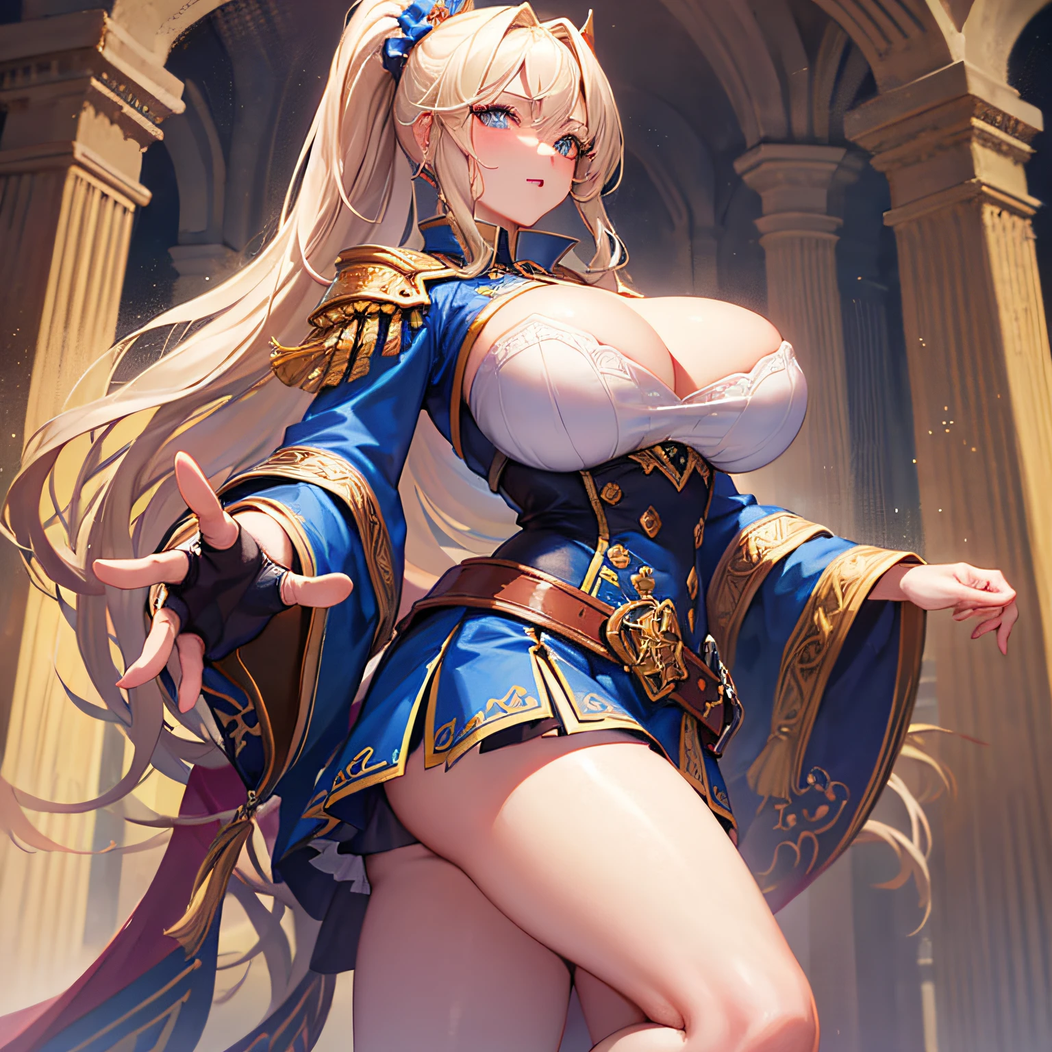 Peerless beauty, perfect slim body, mature royal sister face, long hair, curly hair, college combat uniform, sexy seductive, beautiful face, full body portrait, standing pose, 4K picture quality, feminine expression, blush shyness, star-like deep eyes, huge breasts, short skirt, sword and magic. The bust is greatly large, fighting with Warcraft, speed lines, the best quality, masterpieces. Double ponytail