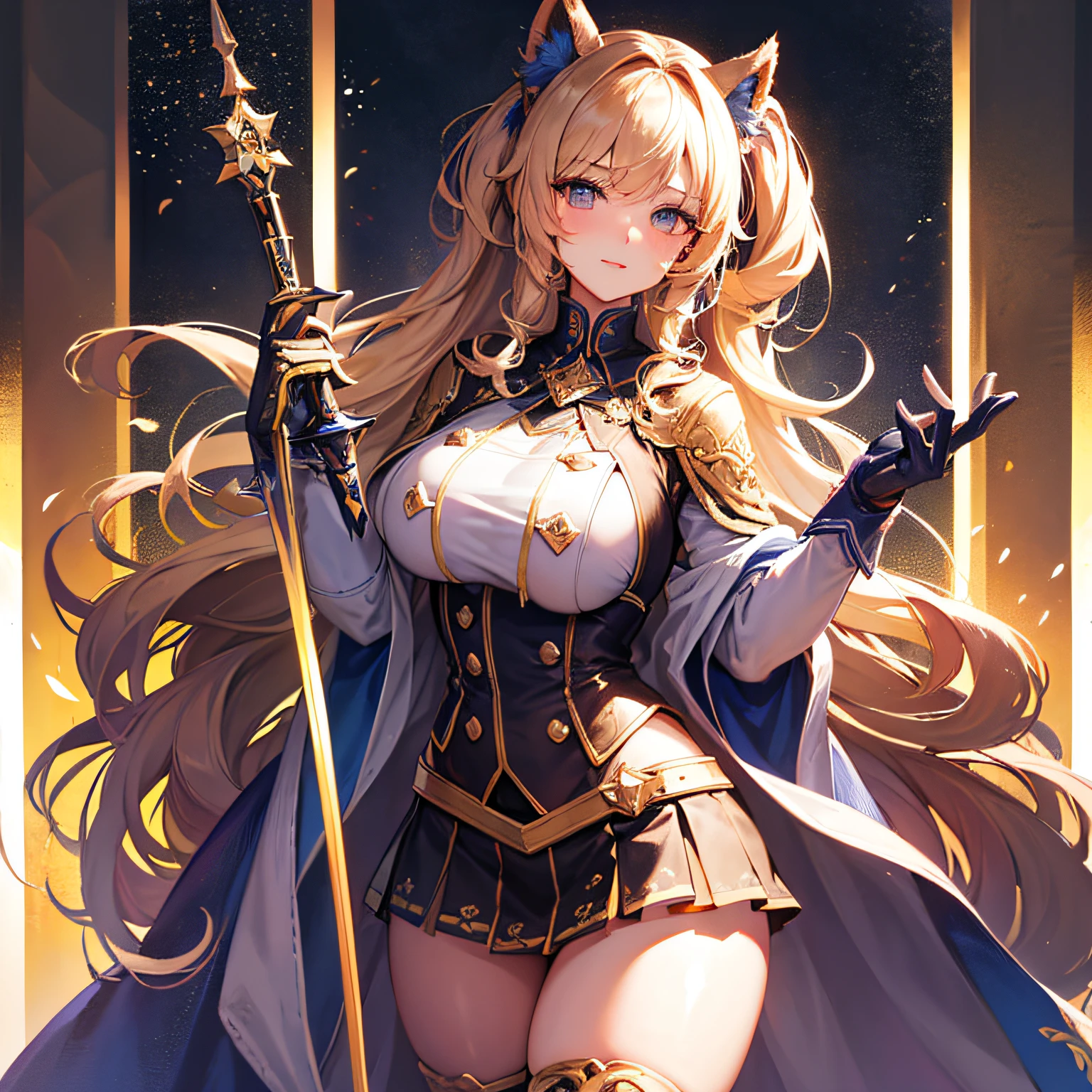 Peerless beauty, perfect slim body, mature royal sister face, long hair, curly hair, college combat uniform, sexy seductive, beautiful face, full body portrait, standing pose, 4K picture quality, feminine expression, blush shyness, star-like deep eyes, huge breasts, short skirt, sword and magic. The bust is greatly large, fighting with Warcraft, speed lines, the best quality, masterpieces. Double ponytail
