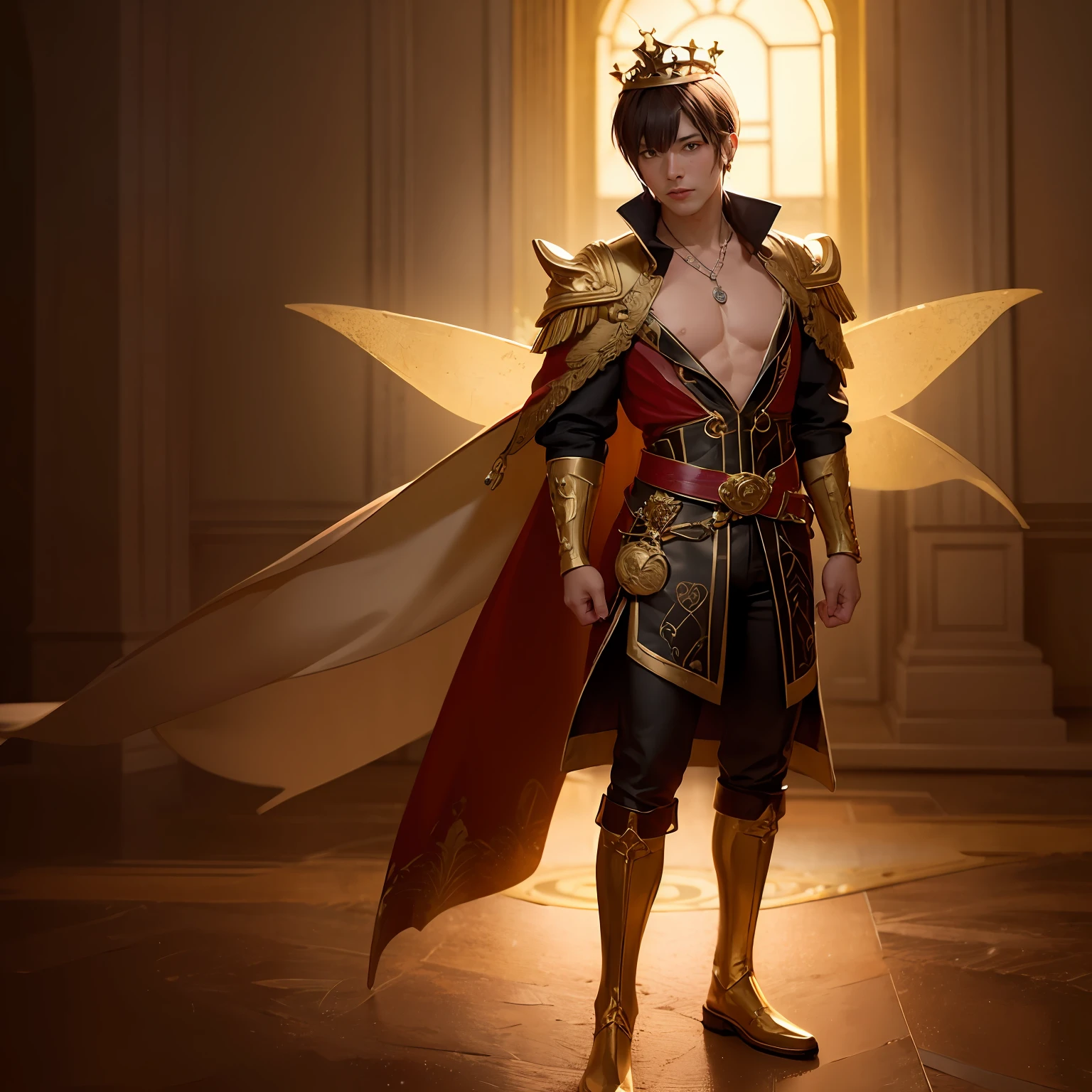 masterpiece, 8k, perfect ligthing, soft light, nice adult man, royalty, royal, golden wings, crown royal gold, chest out, male, full body, looking at viewer, arm behind back, cinematic lighting, fairy male man with red and gold details --auto