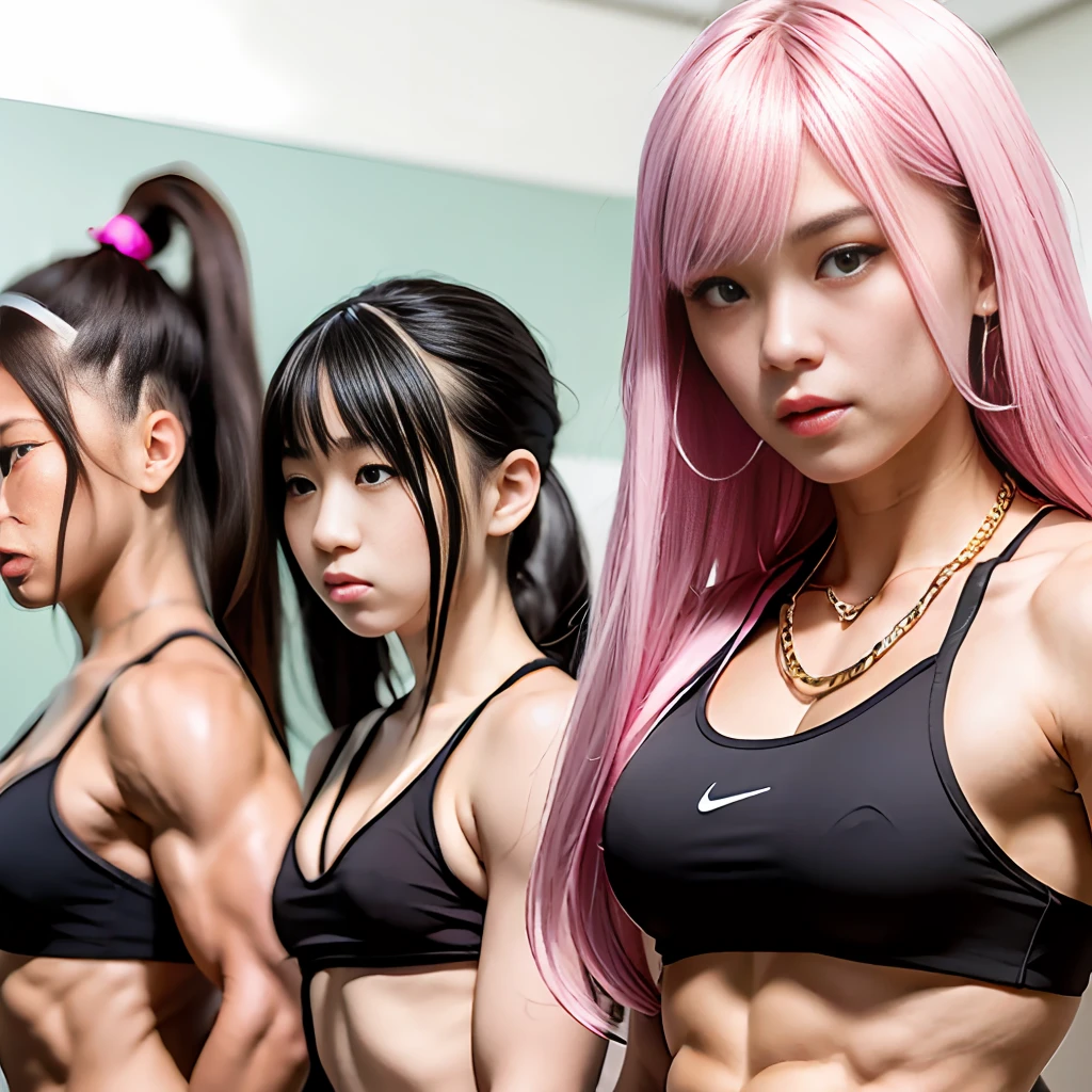 Three fitness bodybuilding abs immature junior high school girls, classroom writing, fitness clothes, big gold chain, colored pink jellyfish hair style, whole body