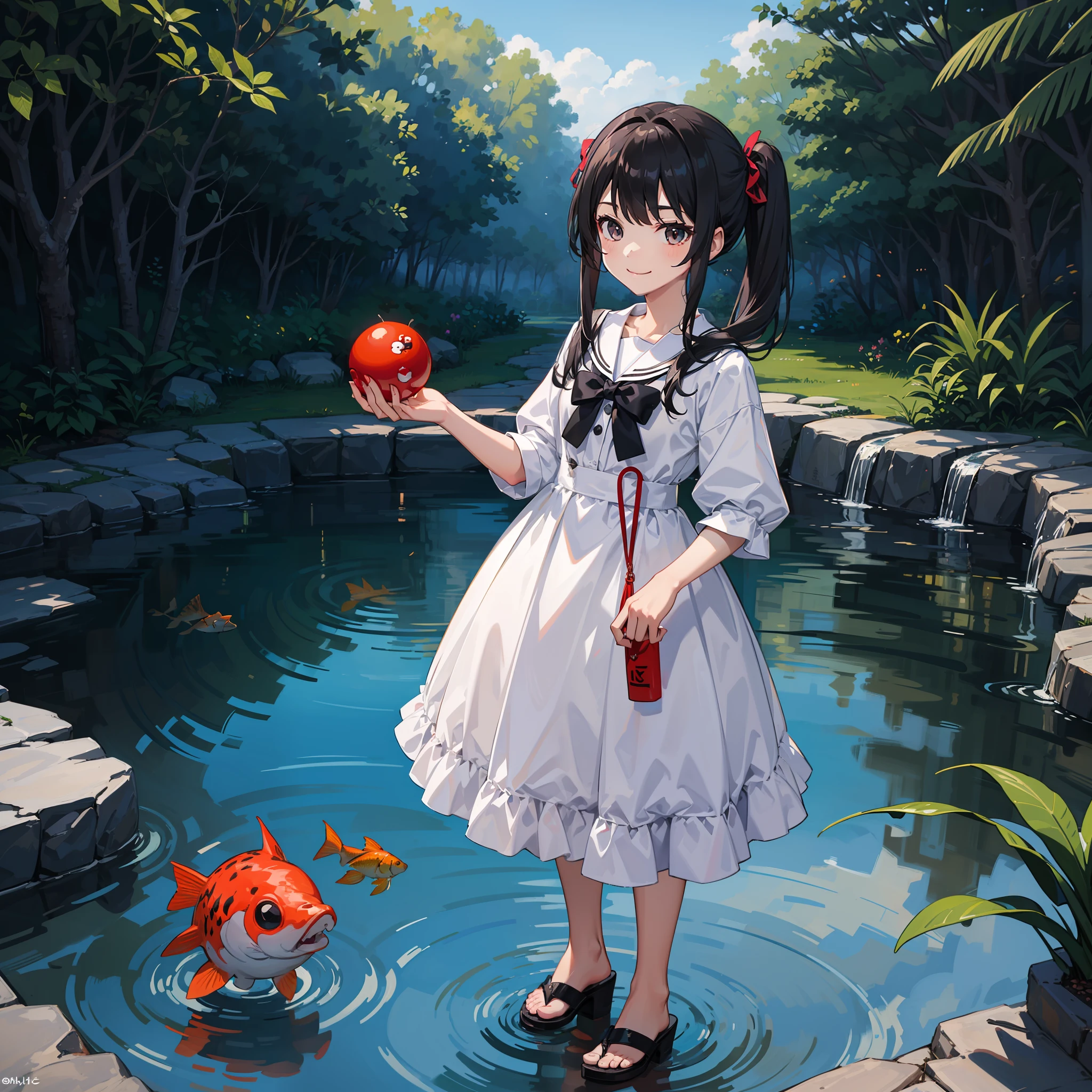 The black double ponytailed loli, who is less than 150cm tall, wears a white skirt with an evil smile on her face, standing next to the fish pond, holding a red ball-shaped object in her hand to throw inside