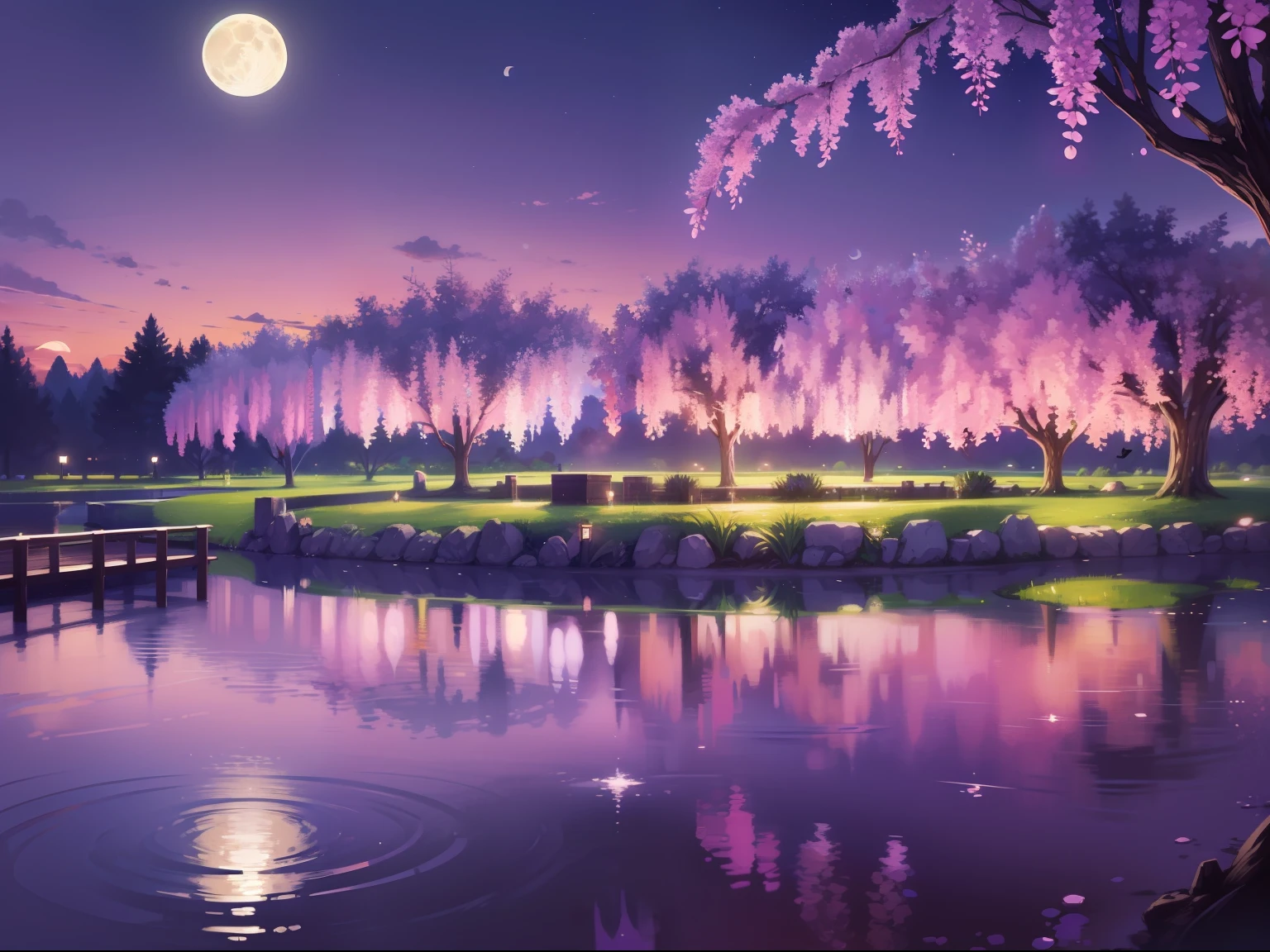 backround, CG, pnon, night, moon, wisteria, cheery blossom, one side is sky and the other is pond, panorama, ray tracing, reflection light, polar opposites, 8K, masterpiece, best quality, high quality, high details, super detail, highres, UHD