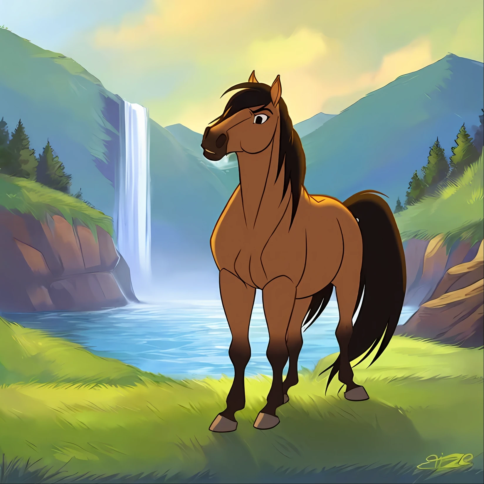 Spirit2002, horse standing in front of waterfall, beautiful horse, one head, four legs, long mane, anatomically correct horse, Cartoon, prairies, mountains, freedom, white clouds, tall grass, waterfall in the background
