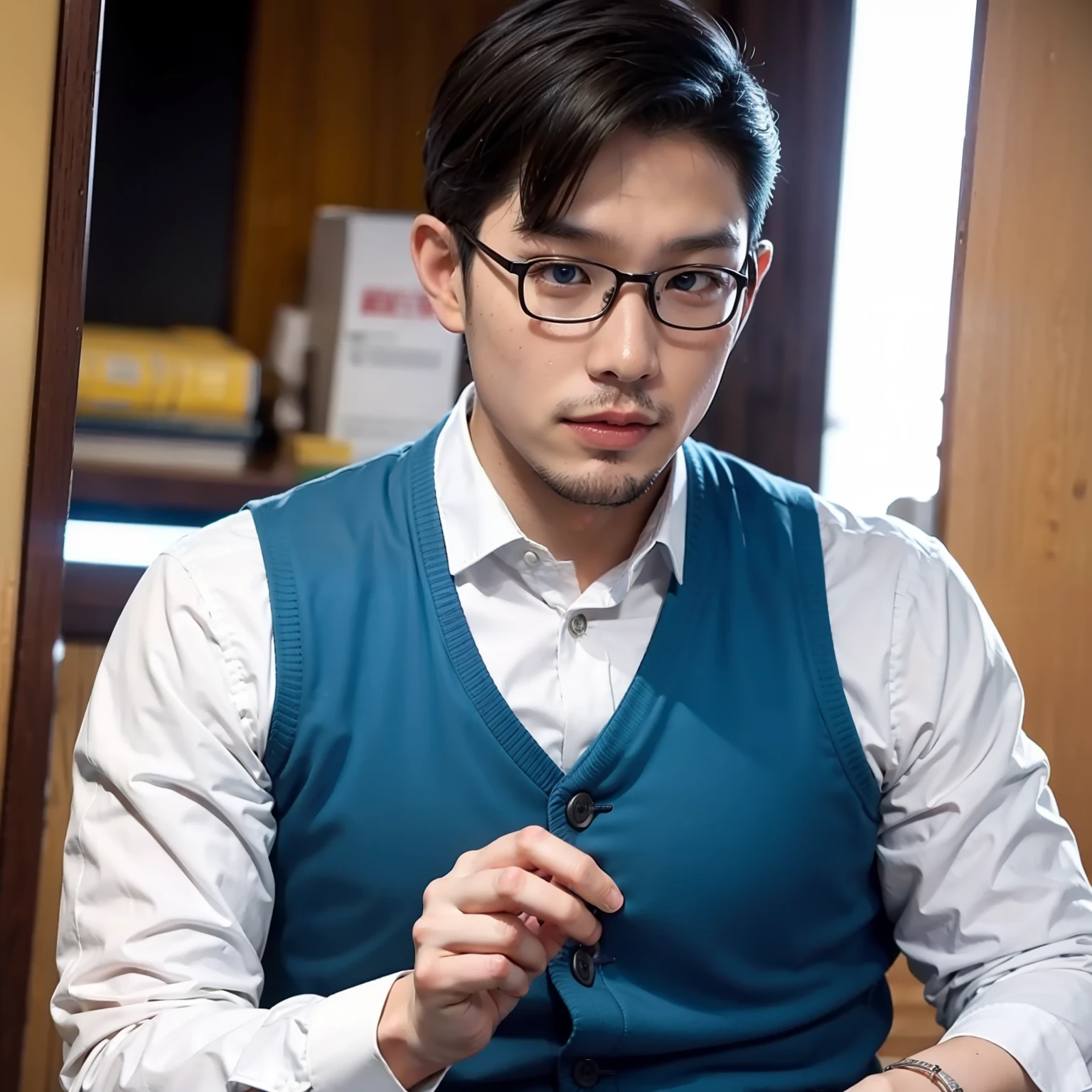 bao, face, handsome, blue eyes, vest