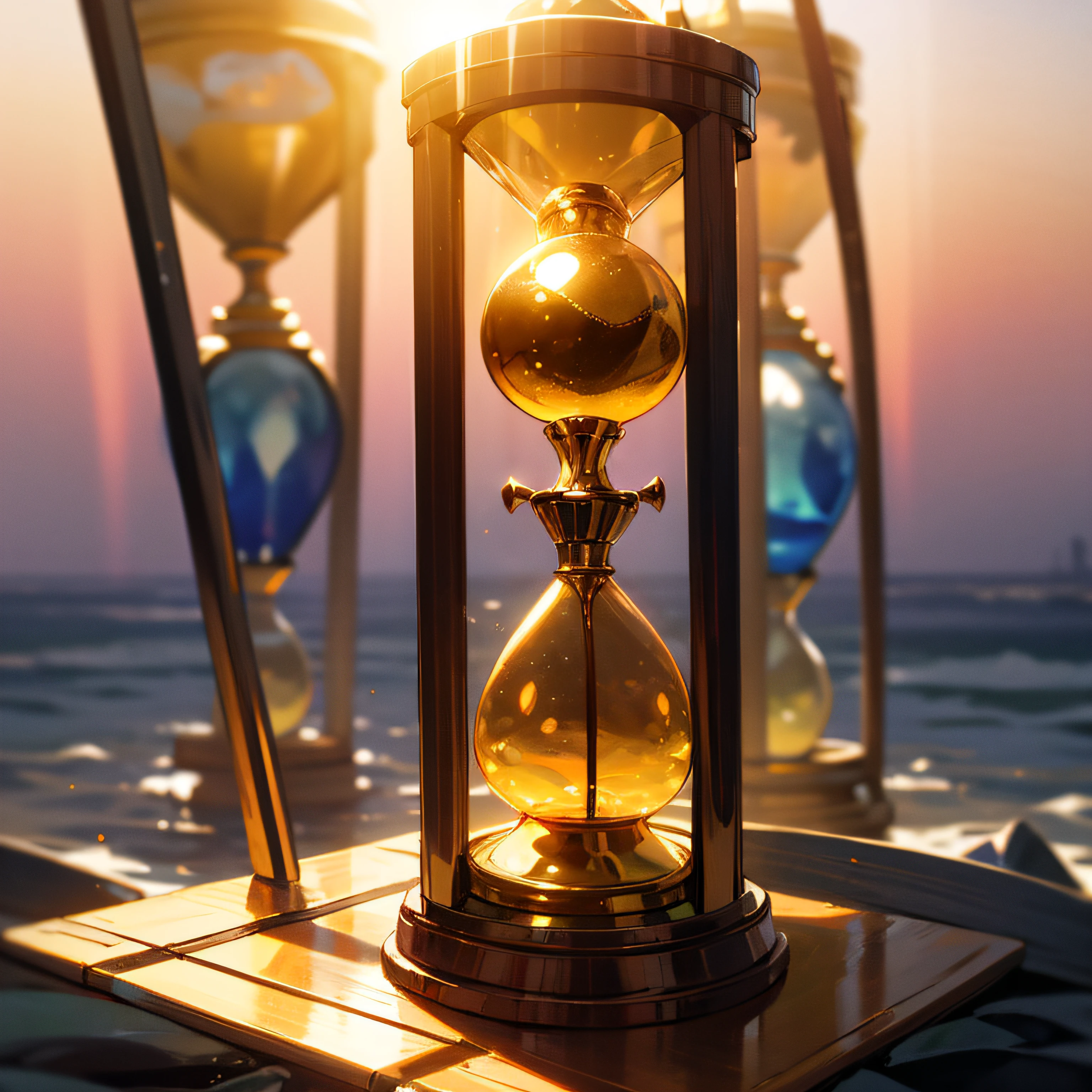 a close up of a hourglass on the beach with the sun shining through the water, time is running out, caught in the flow of time, golden hour time, trapped inside an hourglass, the passage of time, in the flow of time, hourglass, hour glass, stock photo, moment frozen in time, the passing of time, time consumes us all --auto