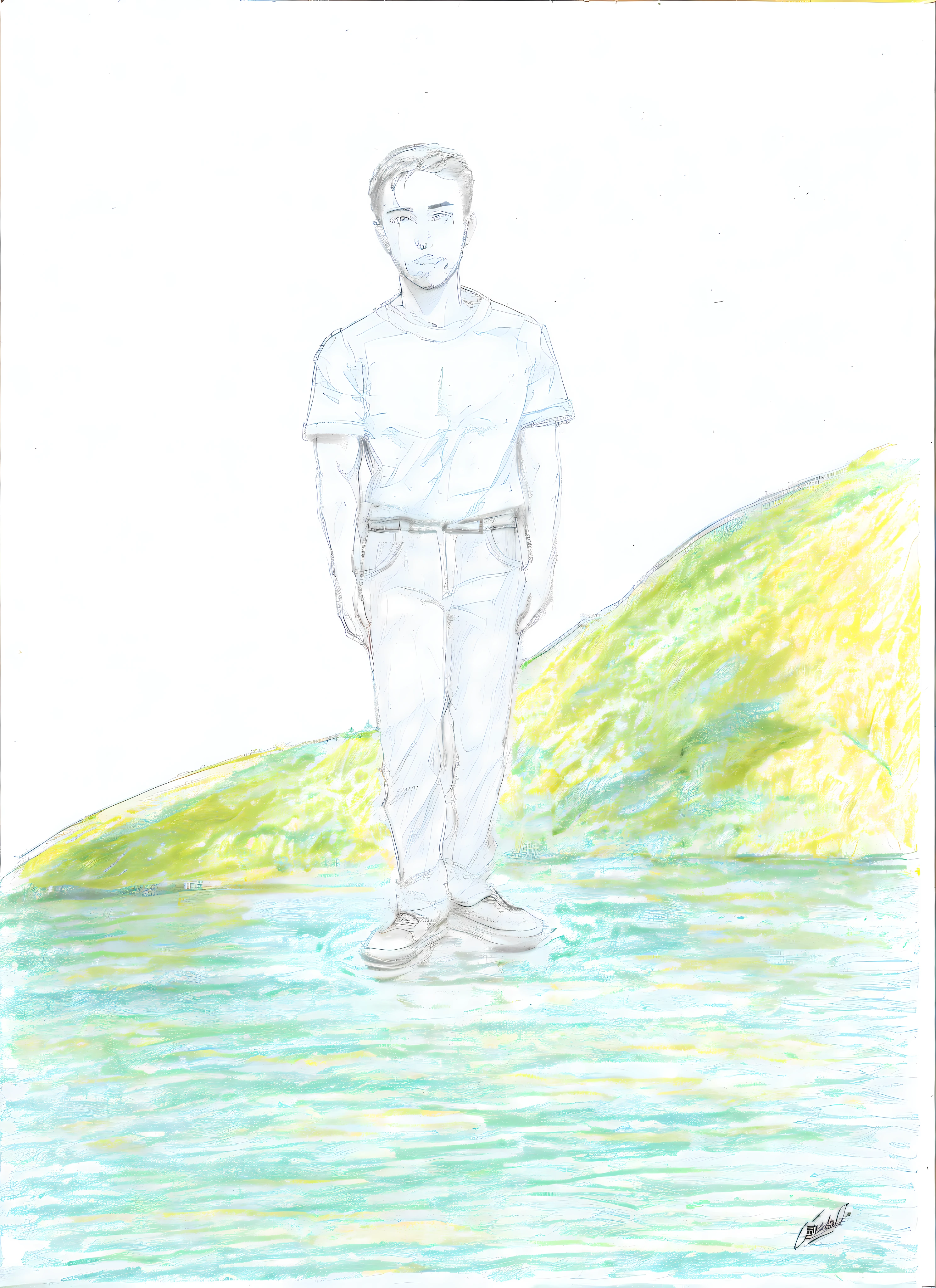 drawing of a man standing in the water with a green hill in the background, standing in a pond, distant full body view, standing in a lake, mid body portrait, standing next to water, man standing, portrait full body, standing on the water ground, full - body portrait, full-body portrait, full body portrait of a short!, full body portrait