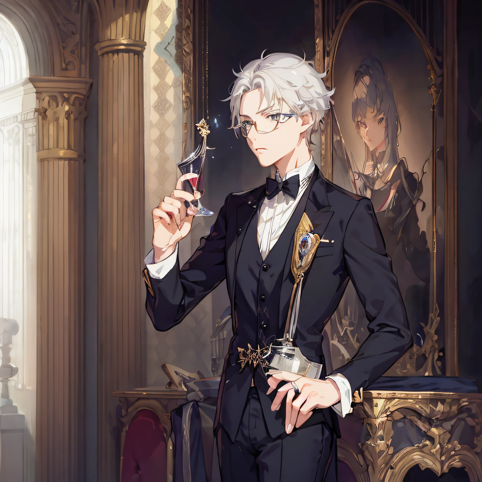 anime - style image of a man in a tuxedo holding a glass of wine, delicate androgynous prince, anime key visual of elegant, beautiful androgynous prince, key anime art, official character illustration, highly detailed exquisite fanart, official character art, detailed key anime art, key anime visuals, portrait of magical blond prince, zerochan art