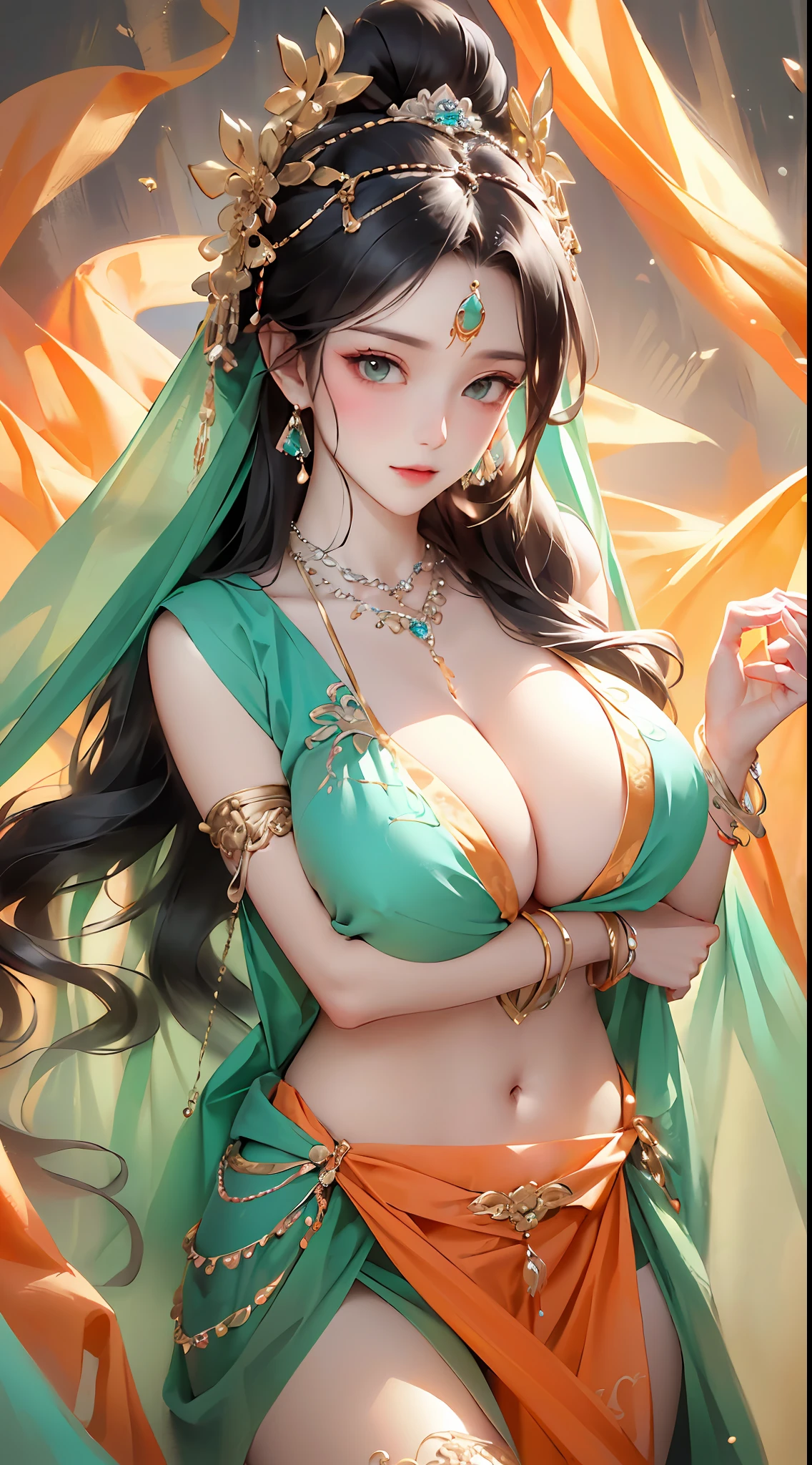 Masterpiece, Best Quality, 8K, Detailed Skin Texture, Realistic, Detailed Cloth Texture, Beautiful Detail Face, Intricate Detail, Solo, 1 Cute Maiden, Ultra Detailed, Detailed Hair, Long Black Hair, Qi Bangs, Blush, Light Smile, (Open eyes: 1.3), (eye reflex: 1.6), shyness, (smooth, skin reflects light), (slim, aqua theme, traditional Chinese long dress, orange hood, belly pocket, ribbon entangled body, orange gemstone headdress, lots of diamond jewelry, lots of orange gemstone jewelry, (bracelets, anklets, waist chains, detailed clothes, detailed accessories), chest two points bulge, no bra, lying, posing, updrafting), ((Huge Breasts): 1.4, Thighs, (Thin Legs)), extremely gorgeous, detailed Dunhuang style, detailed background of Dunhuang murals