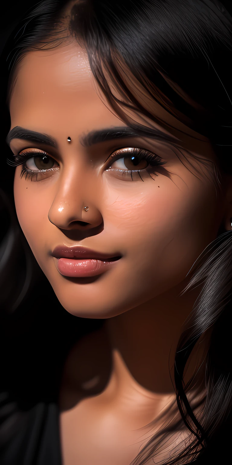 arafed woman with a black top and a black top, indian girl with brown skin, detailed beauty portrait, detailed beautiful face, close up face portrait, detailed beautfiul face, detailed face of a woman, close up face female portrait, ultra detailed portrait, closeup shot of face, full face close up portrait, flawless olive skin, beautiful detailed face