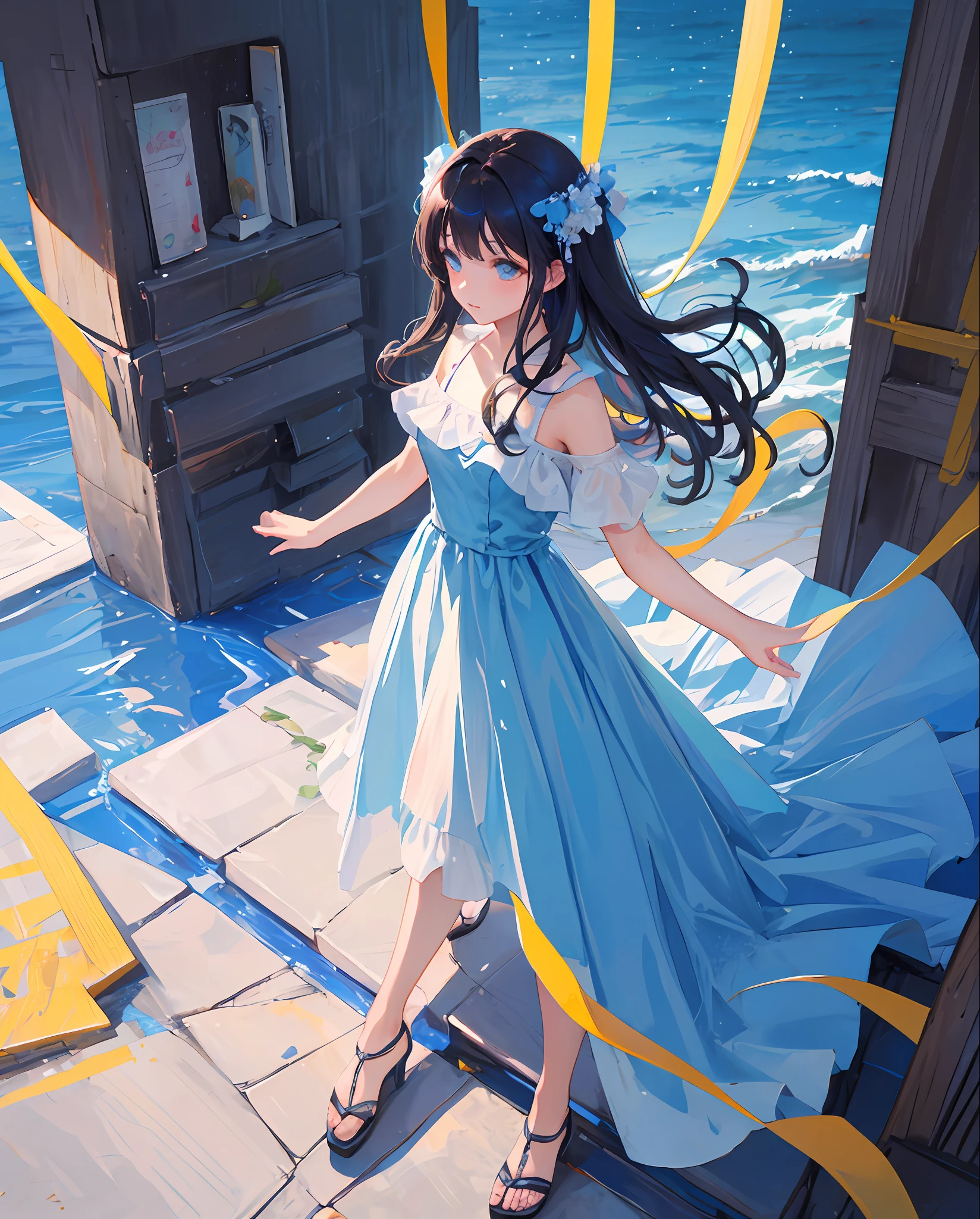 masterpiece, best quality, one girl, long hair, light blue dress, blue ribbon,