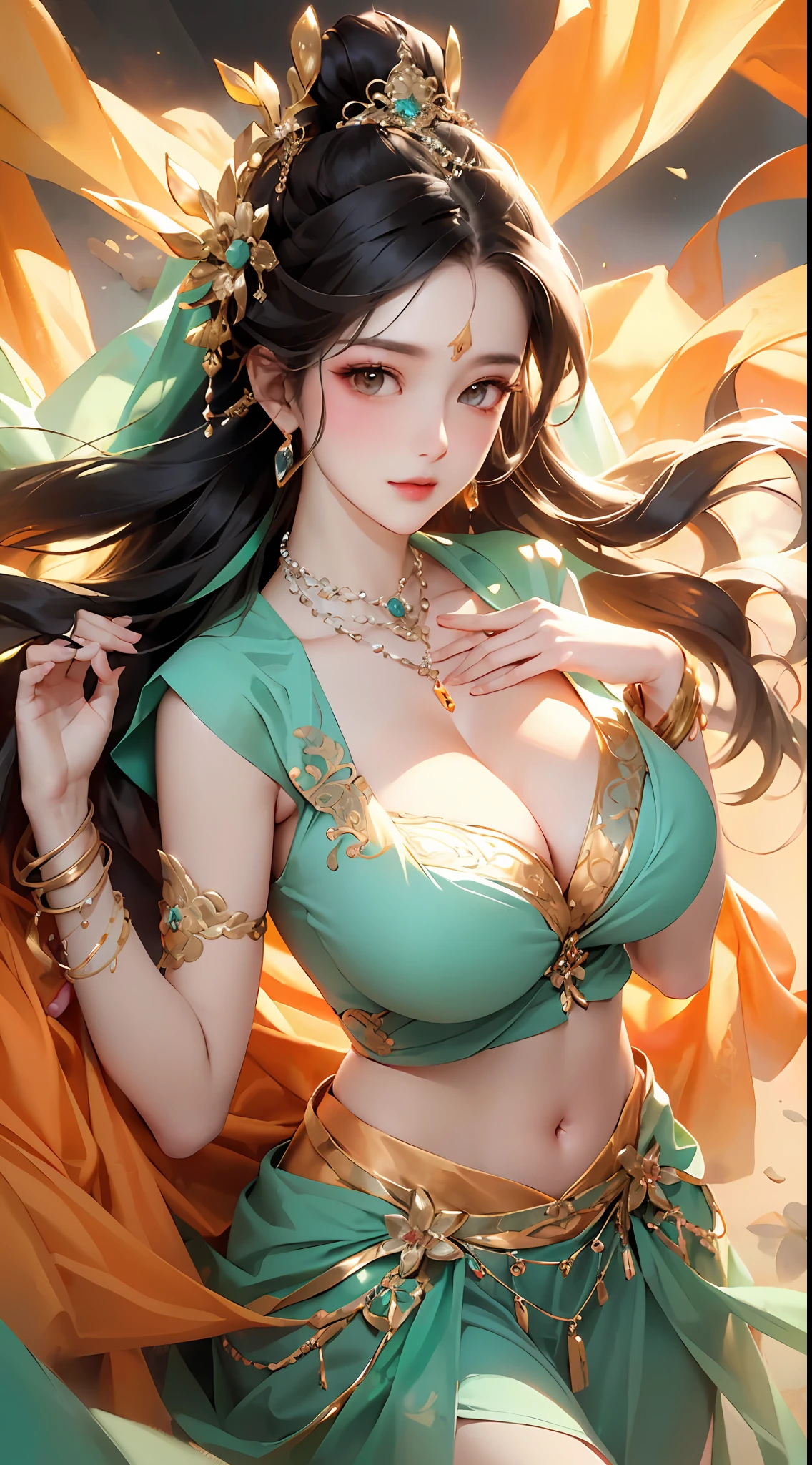 Masterpiece, Best Quality, 8K, Detailed Skin Texture, Realistic, Detailed Cloth Texture, Beautiful Detail Face, Intricate Detail, Solo, 1 Cute Maiden, Ultra Detailed, Detailed Hair, Long Black Hair, Qi Bangs, Blush, Light Smile, (Open eyes: 1.3), (eye reflex: 1.6), shyness, (smooth, skin reflects light), (slim, aqua theme, traditional Chinese long dress, orange hood, belly pocket, ribbon entangled body, orange gemstone headdress, lots of diamond jewelry, lots of orange gemstone jewelry, (bracelets, anklets, waist chains, detailed clothes, detailed accessories), chest two points bulge, no bra, lying, posing, updrafting), ((Huge Breasts): 1.4, Thighs, (Thin Legs)), extremely gorgeous, detailed Dunhuang style, detailed background of Dunhuang murals