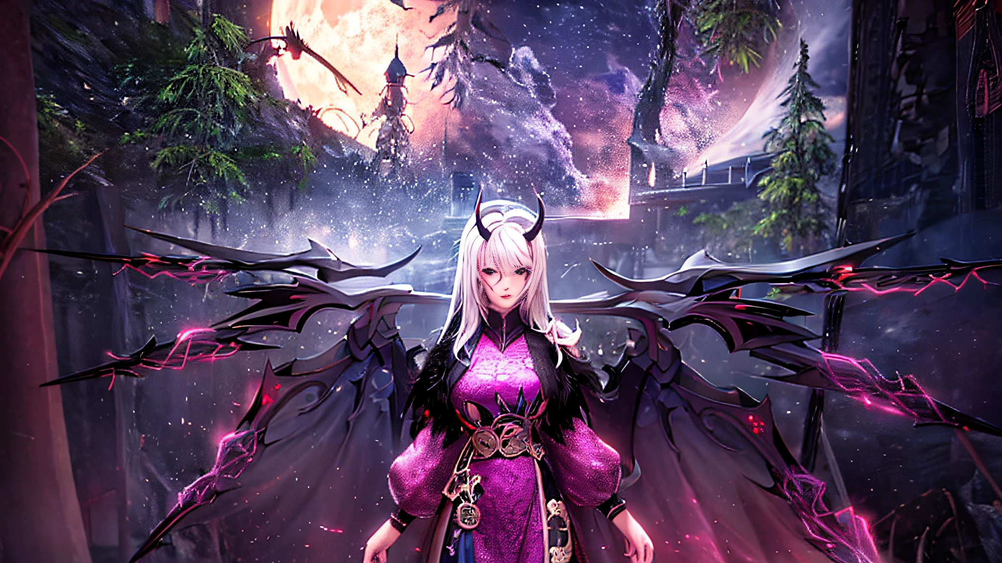 Anime character with horns and a heavy cybe parapet in the colors white dark pink standing in front of a full moon, moon clothes, fantasy outfit, in-game render, astral witch clothes, highly detailed full body, anime very detailed, clear outfit design, hair color white dark pink, 8k octae render photo, beautiful celestial demonin with large black cyborg wings on both sides