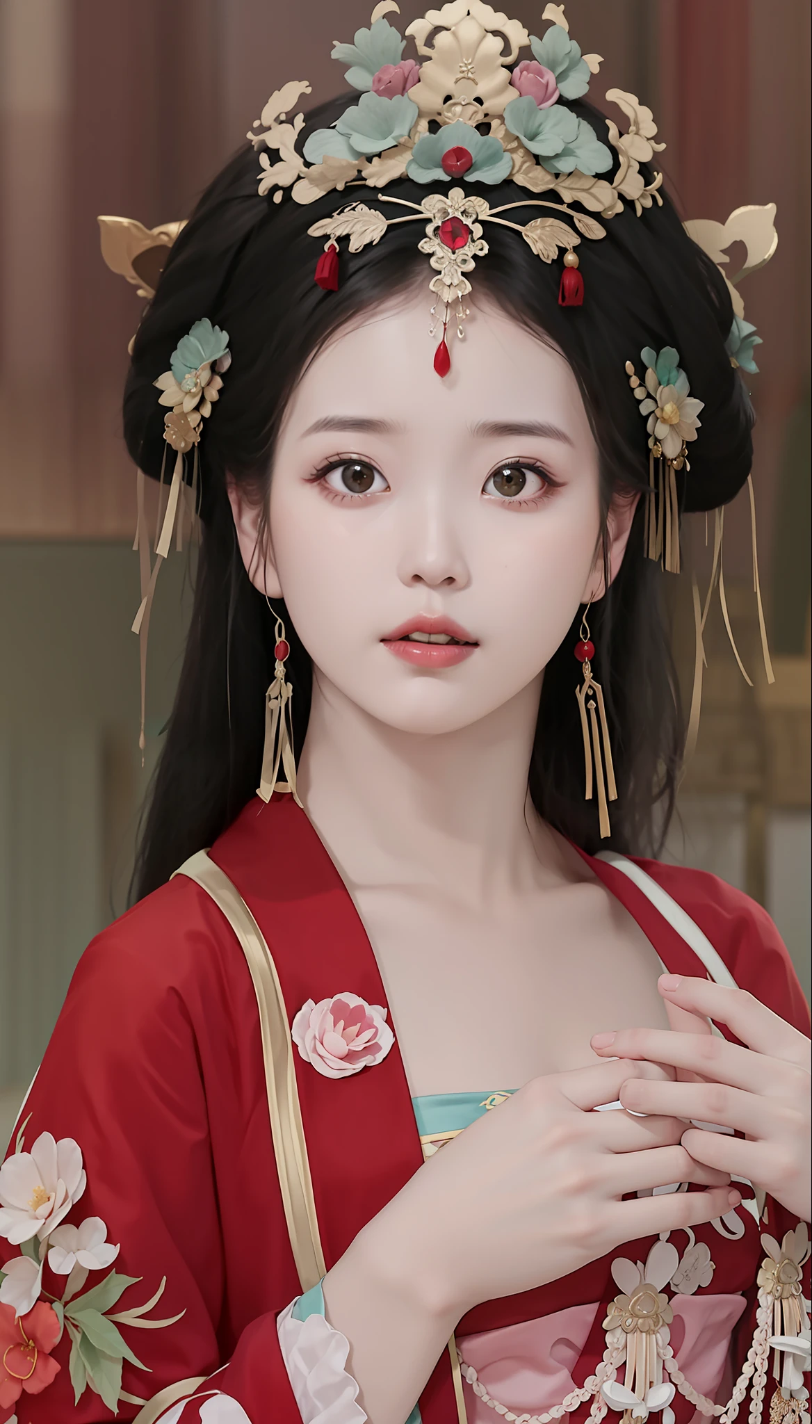 arafed woman in a red kimono with a flower crown, a beautiful fantasy empress, chinese princess, palace ， a girl in hanfu, ancient chinese princess, traditional beauty, portrait of a beautiful goddess, ancient chinese beauties, ((a beautiful fantasy empress)), inspired by Lan Ying, beautiful oriental woman, inspired by Du Qiong, beautiful goddess, chinese girl