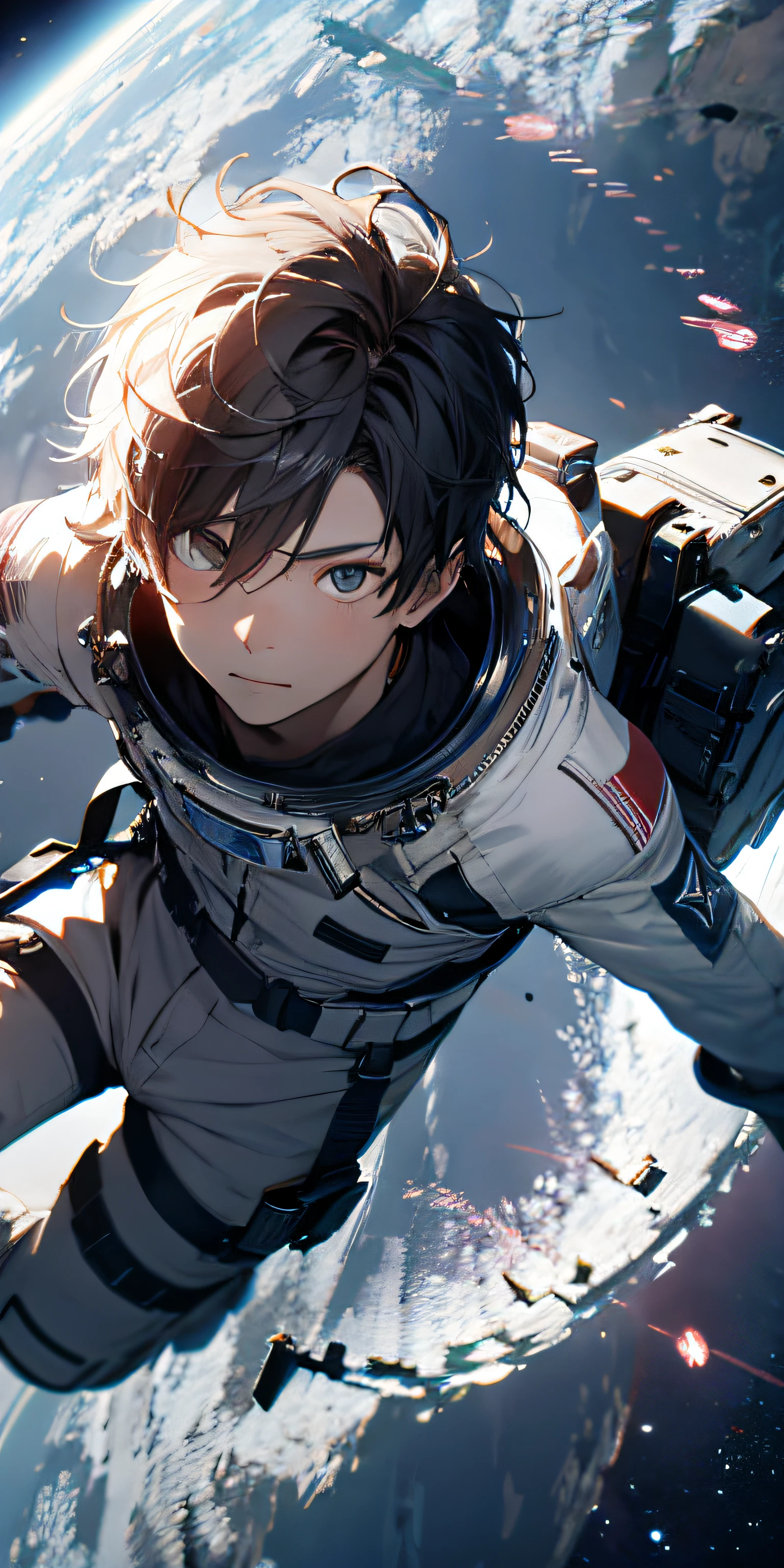 ridiculous resolution, high resolution, (masterpiece:1.4), super detailed, 1boy, seen from above, space, floating, --v 6