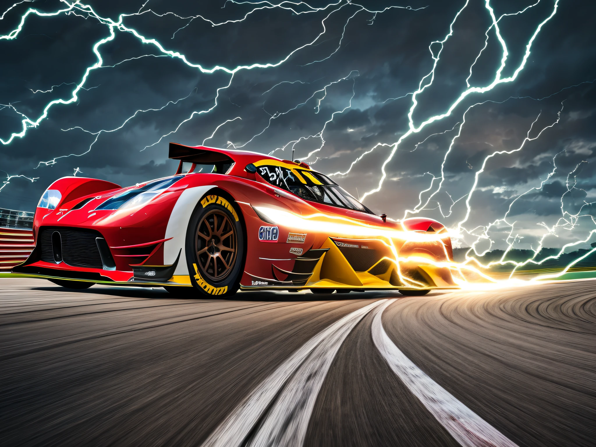 best quality, master piece,Race car, race track, speed, streamlined, winding, ups and downs, perspective, variations in thickness, flow lines, light and shadow, sense of motion, visual focus, outline, minimalism, geometric shapes, imagination,superspeed,lighting, motion blur, electricity,audience,cheer