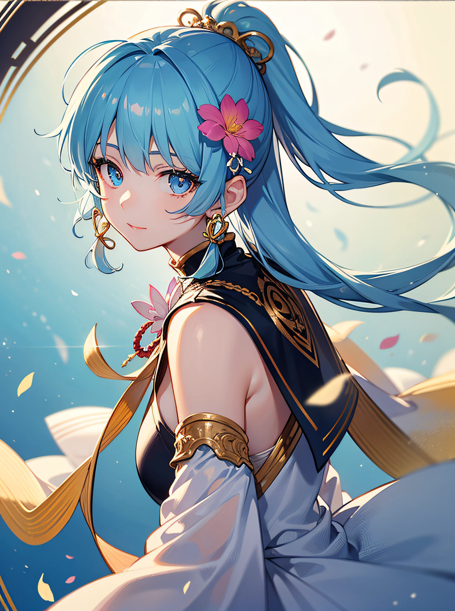 (masterpiece), (best quality), (ultra detailed),(disheveled hair),(illustration), (1girl), (Fashionable clothing), standing, Fashion model, looking at viewer, (interview), (simple background),beautiful detailed eyes, delicate beautiful face, Floating,(high saturation),(colorful splashes),colorful bubble,(shining), focus on face, ponytail, kamisato ayaka, light blue hair, bangs, hair ring, floating flowers, floating hairs, (shining), best lighting, best shadow,