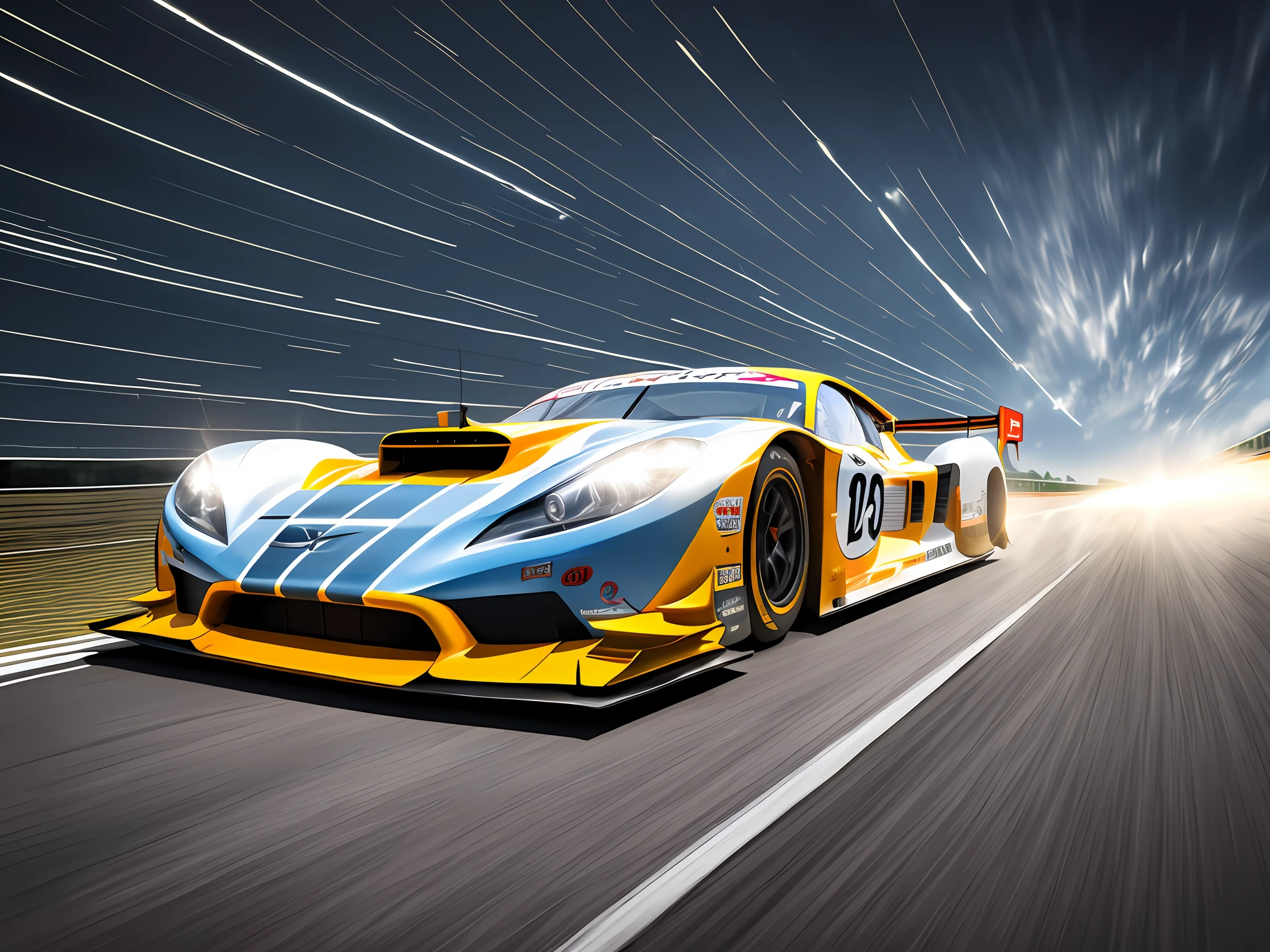 best quality, master piece，Race car, race track, speed, streamlined, winding, ups and downs, perspective, variations in thickness, flow lines, light and shadow, sense of motion, visual focus, outline, minimalism, geometric shapes, imagination,superspeed,lighting, motion blur, electricity,audience,cheer