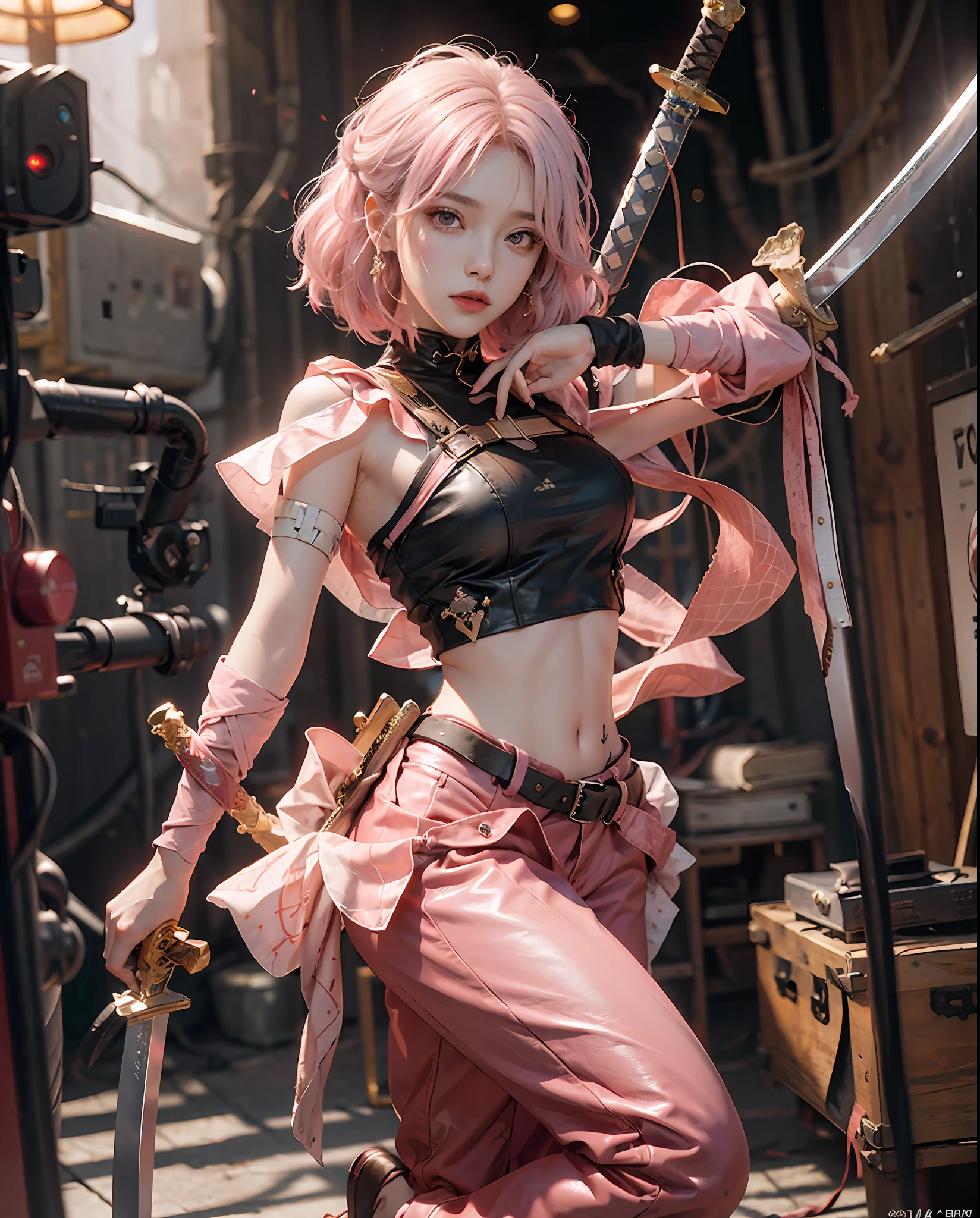 official art, very detailed CG unified 8k wallpaper, super detailed, high resolution, beautiful detailed girl, very detailed eyes and face, dynamic pose ,beautiful detailed eyes, light on face, movie lights, ( leather pants)), 1girl, full body, full body photo, looking at the audience, ((light pink hair)), red eyes, ((bliss)), best detailed background, ((cosplay), short hair, ((holding a long sword)) sci-fi blockbuster scene