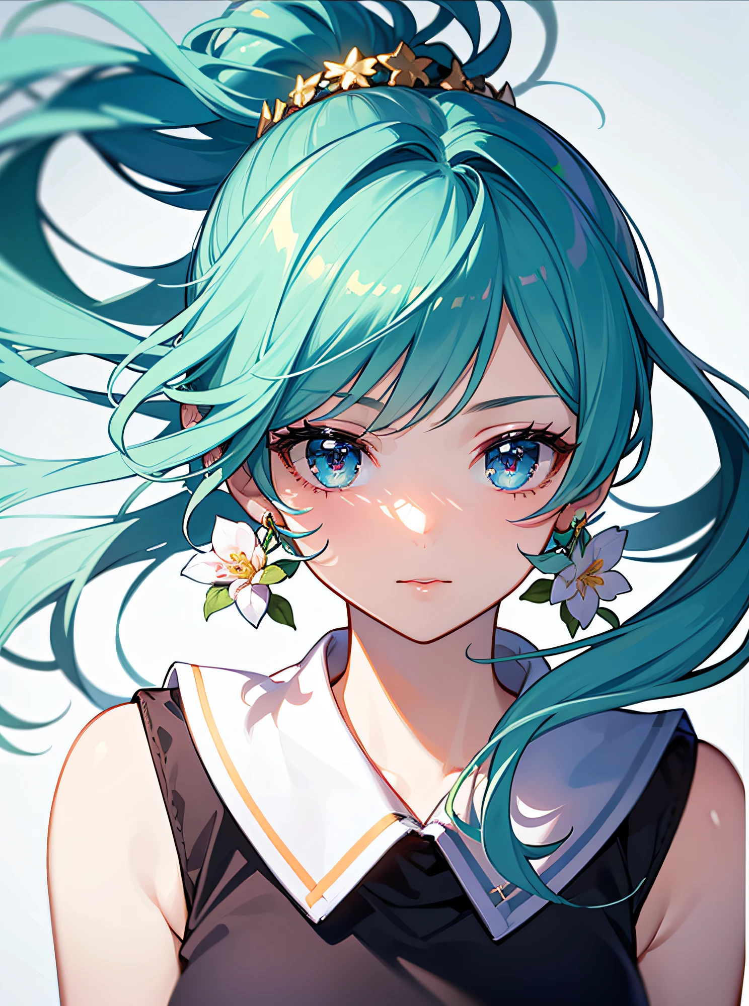 (masterpiece), (best quality), (ultra detailed),(disheveled hair),(illustration), (1girl), (Fashionable clothing), standing, Fashion model, looking at viewer, (interview), (simple background),beautiful detailed eyes, delicate beautiful face, Floating,(high saturation),(colorful splashes),colorful bubble,(shining), focus on face, ponytail, kamisato ayaka, light blue hair, bangs, hair ring, floating flowers, floating hairs, (shining), best lighting, best shadow,