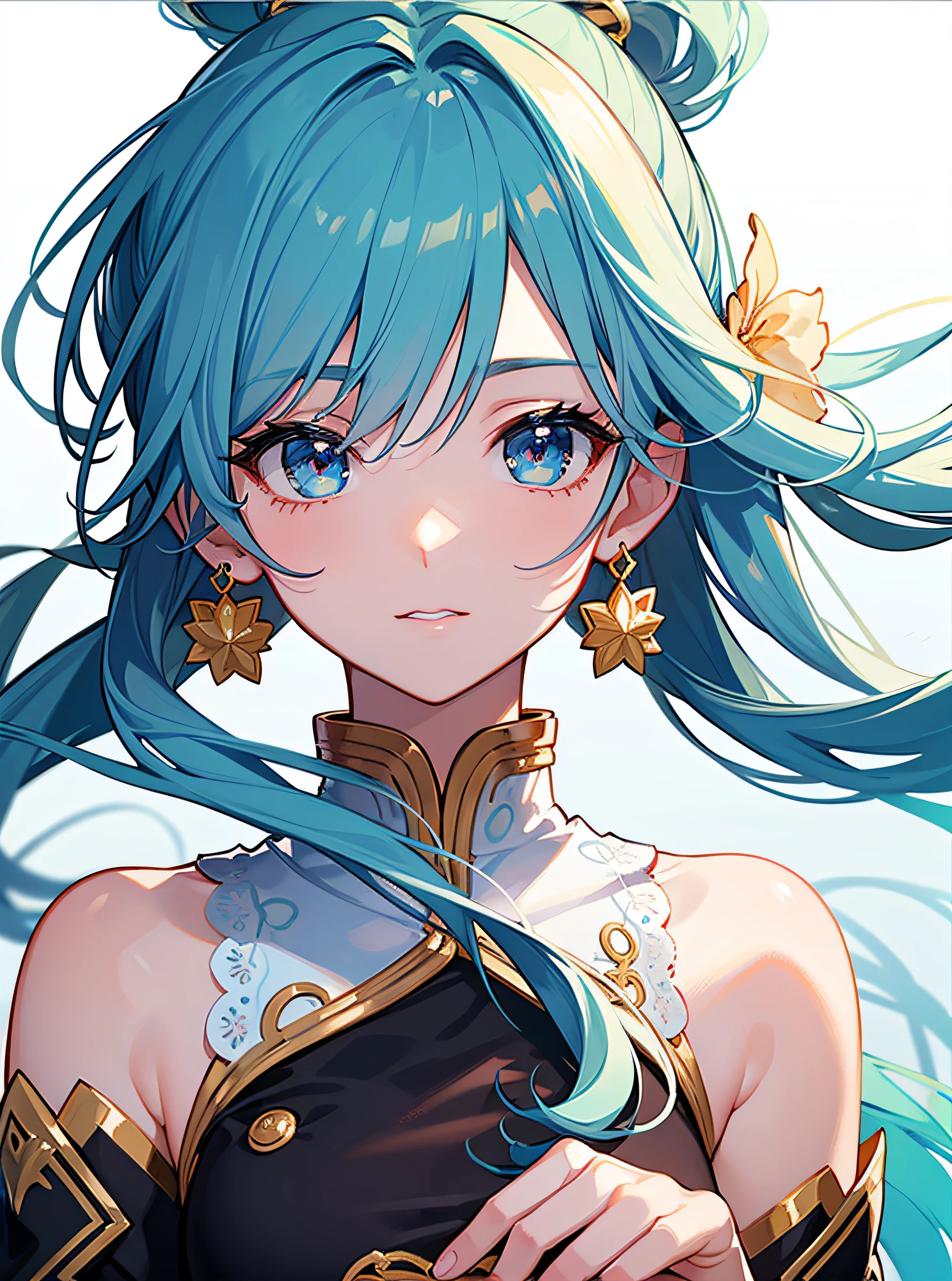 (masterpiece), (best quality), (ultra detailed),(disheveled hair),(illustration), (1girl), (Fashionable clothing), standing, Fashion model, looking at viewer, (interview), (simple background),beautiful detailed eyes, delicate beautiful face, Floating,(high saturation),(colorful splashes),colorful bubble,(shining), focus on face, ponytail, kamisato ayaka, light blue hair, bangs, hair ring, floating flowers, floating hairs, (shining), best lighting, best shadow,