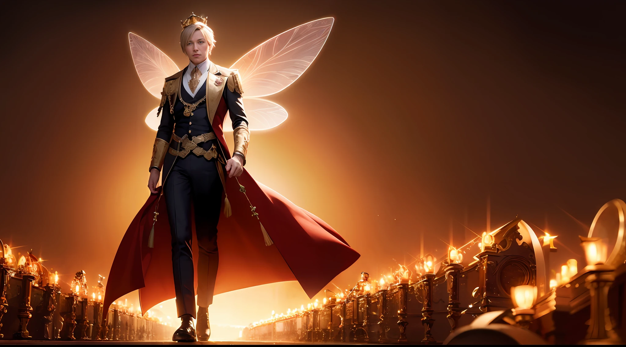masterpiece, 8k, perfect ligthing, soft light, nice adult man, royalty, royal, golden wings, crown royal gold, chest out, male, full body, looking at viewer, arm behind back, cinematic lighting, fairy male man with red and gold details --auto