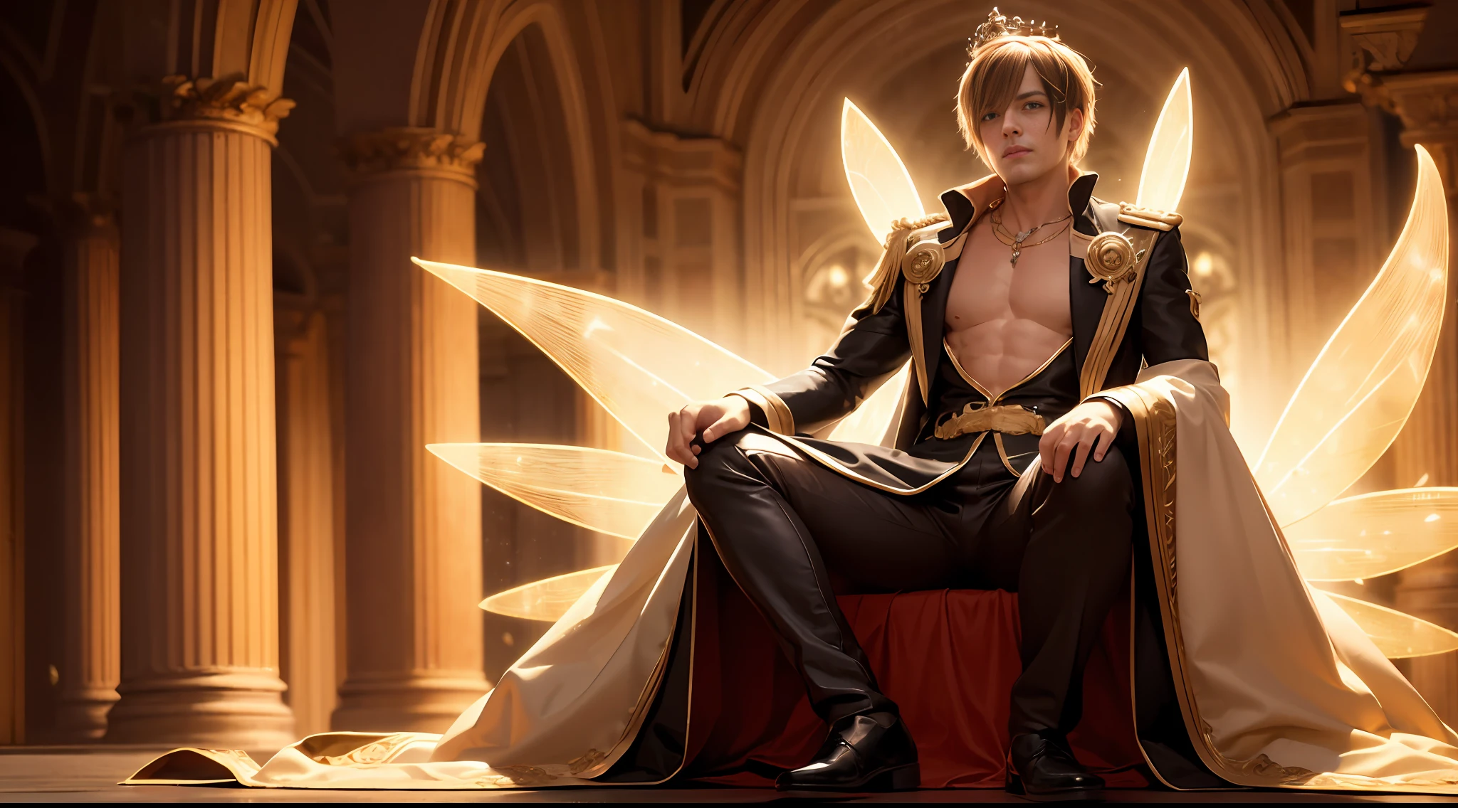 masterpiece, 8k, perfect ligthing, soft light, nice adult man, royalty, royal, golden wings, crown royal gold, chest out, male, full body, looking at viewer, arm behind back, cinematic lighting, fairy male man with red and gold details --auto