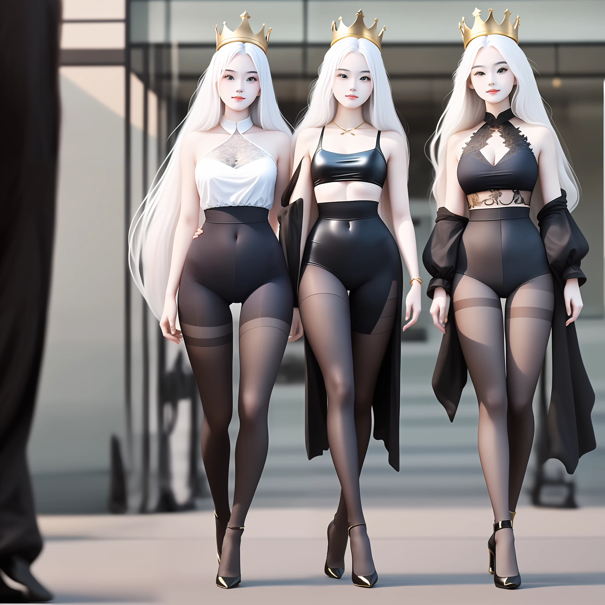 20-year-old real beauty, long white hair, black translucent tights, gold high heels, black openwork transparent top, straight chest, crown, bare bottom, full body picture, adult