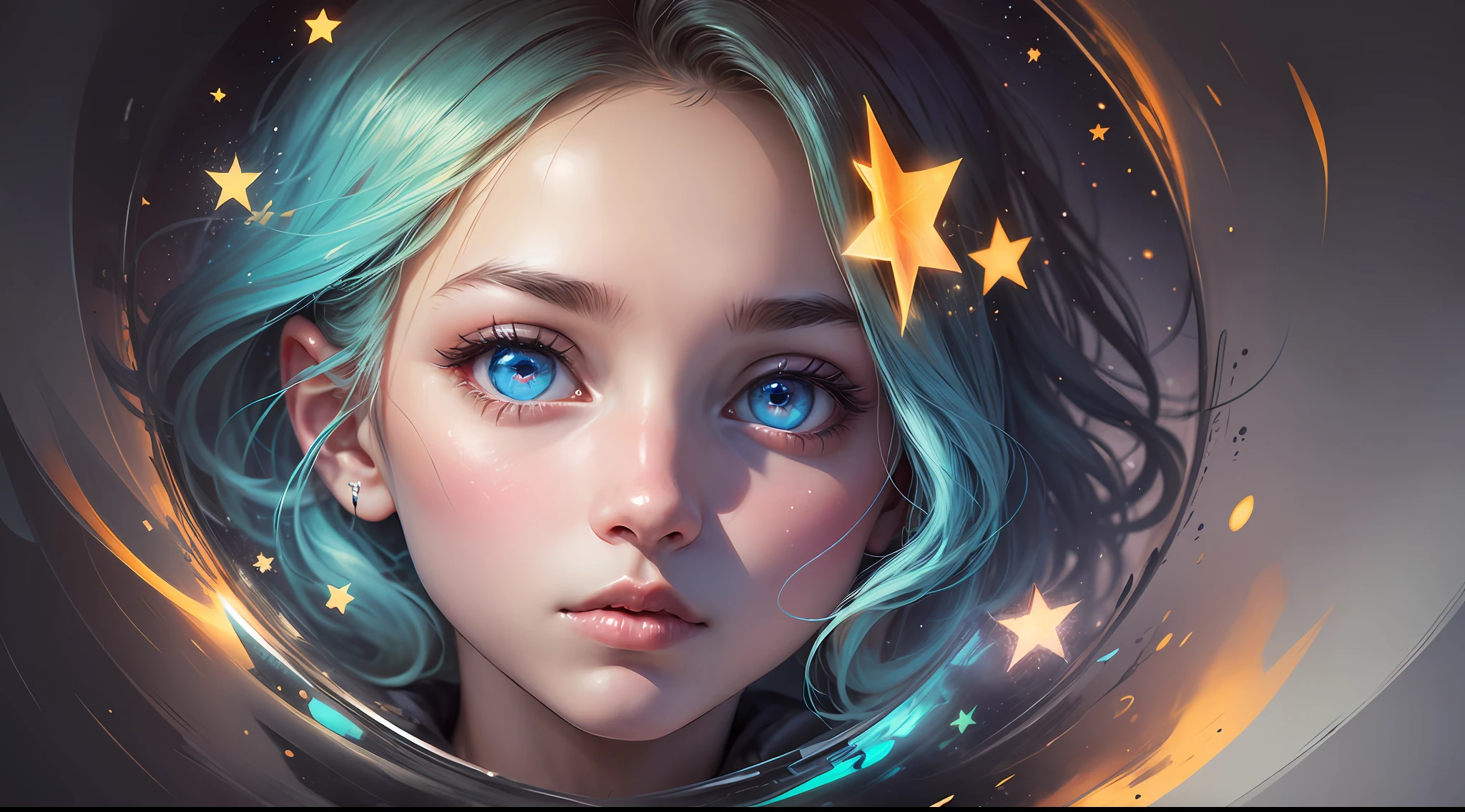 girl,radioactive glow,abstract art,focus on character,eyes with reflection, lonely and cold world,background with stars