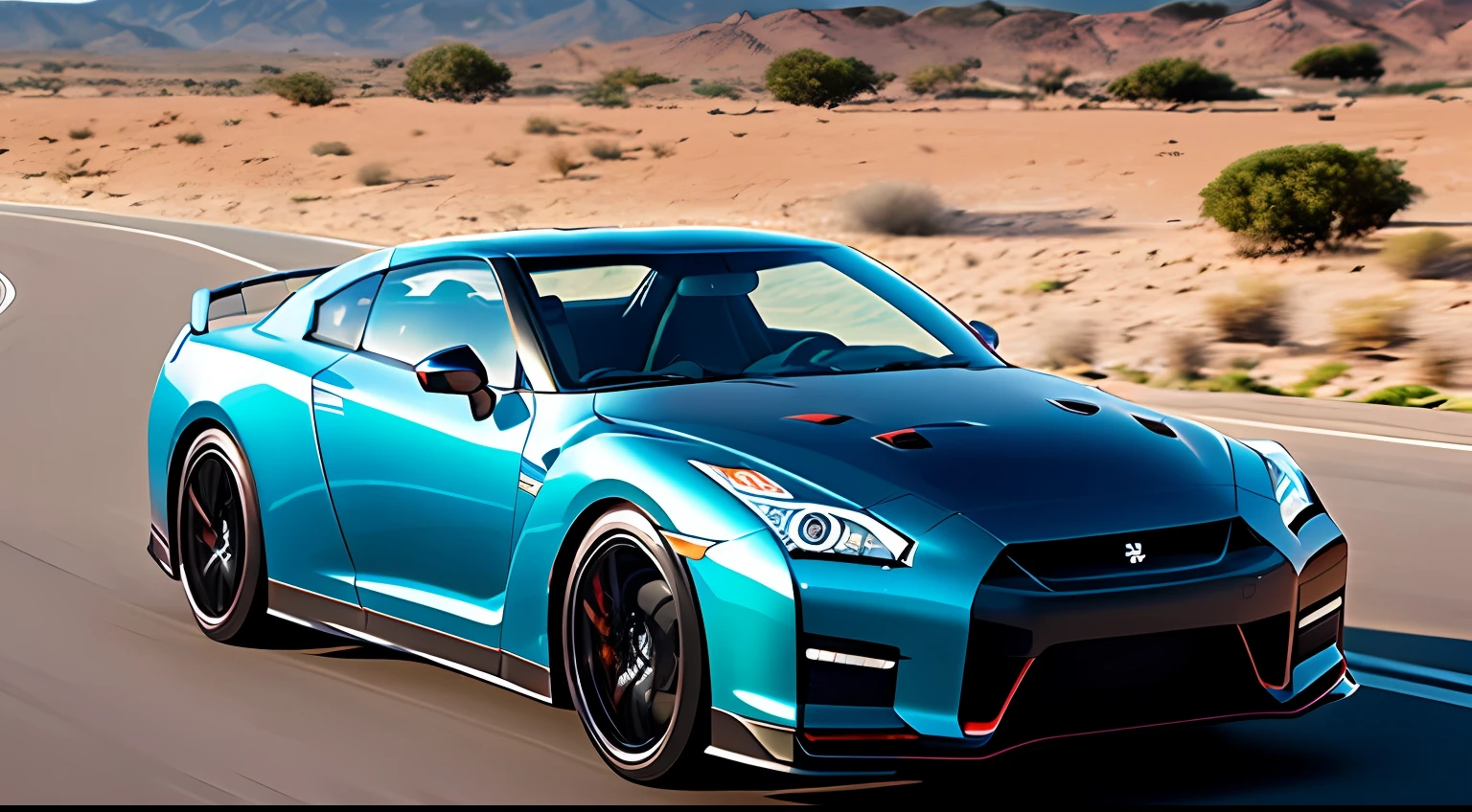 1 Nissan GTR, galloping on the boulevard, sunlight shining on the car, metallic color, super light angle, cinematic lens, HD, realistic, 8K