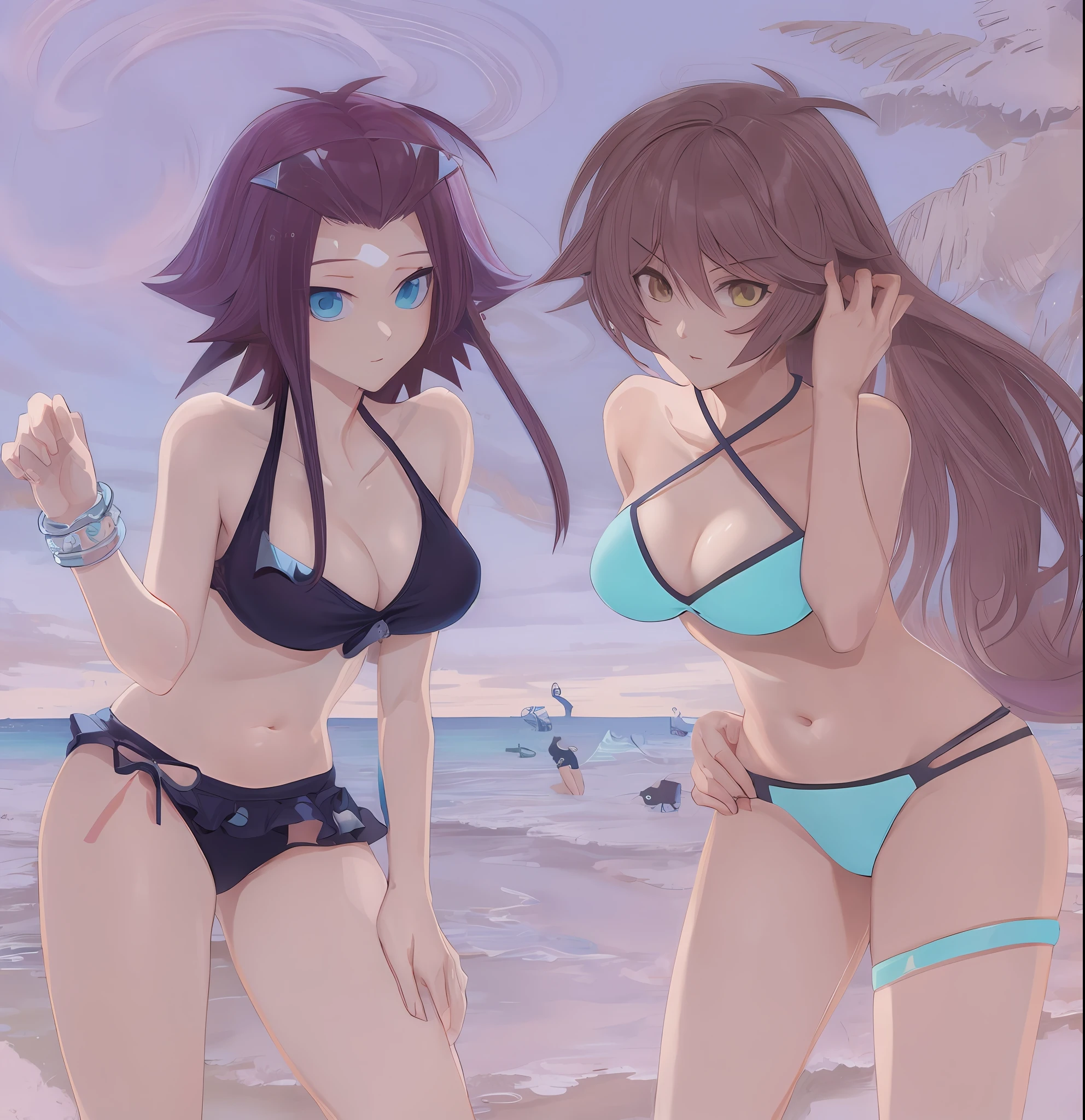 anime girl in bikini, two beautiful anime girls, ecchi anime style, realistic bikini, beach, beach, anime girl, swimsuit, sunny beach, beach, wearing swimsuit, high quality anime art style, high resolution committee, digital anime art!, Clothing: Bikini