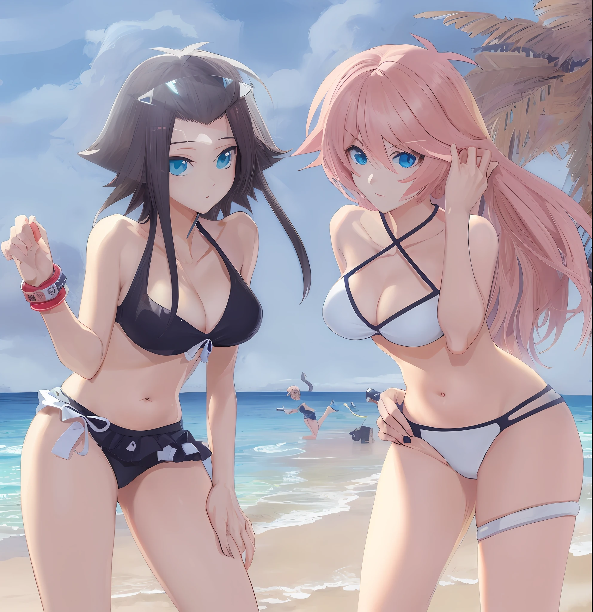 anime girl in bikini, two beautiful anime girls, ecchi anime style, realistic bikini, beach, beach, anime girl, swimsuit, sunny beach, beach, wearing swimsuit, high quality anime art style, high resolution committee, digital anime art!, Clothing: Bikini