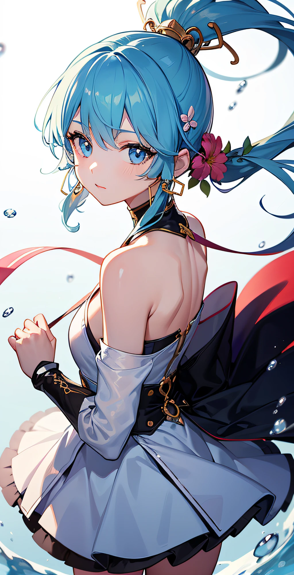 (masterpiece), (best quality), (ultra detailed),(disheveled hair),(illustration), (1girl), (Fashionable clothing), standing, Fashion model, looking at viewer, (interview), (simple background),beautiful detailed eyes, delicate beautiful face, Floating,(high saturation),(colorful splashes),colorful bubble,(shining), focus on face, ponytail, kamisato ayaka, light blue hair, bangs, hair ring, floating flowers, floating hairs, (shining), best lighting, best shadow,