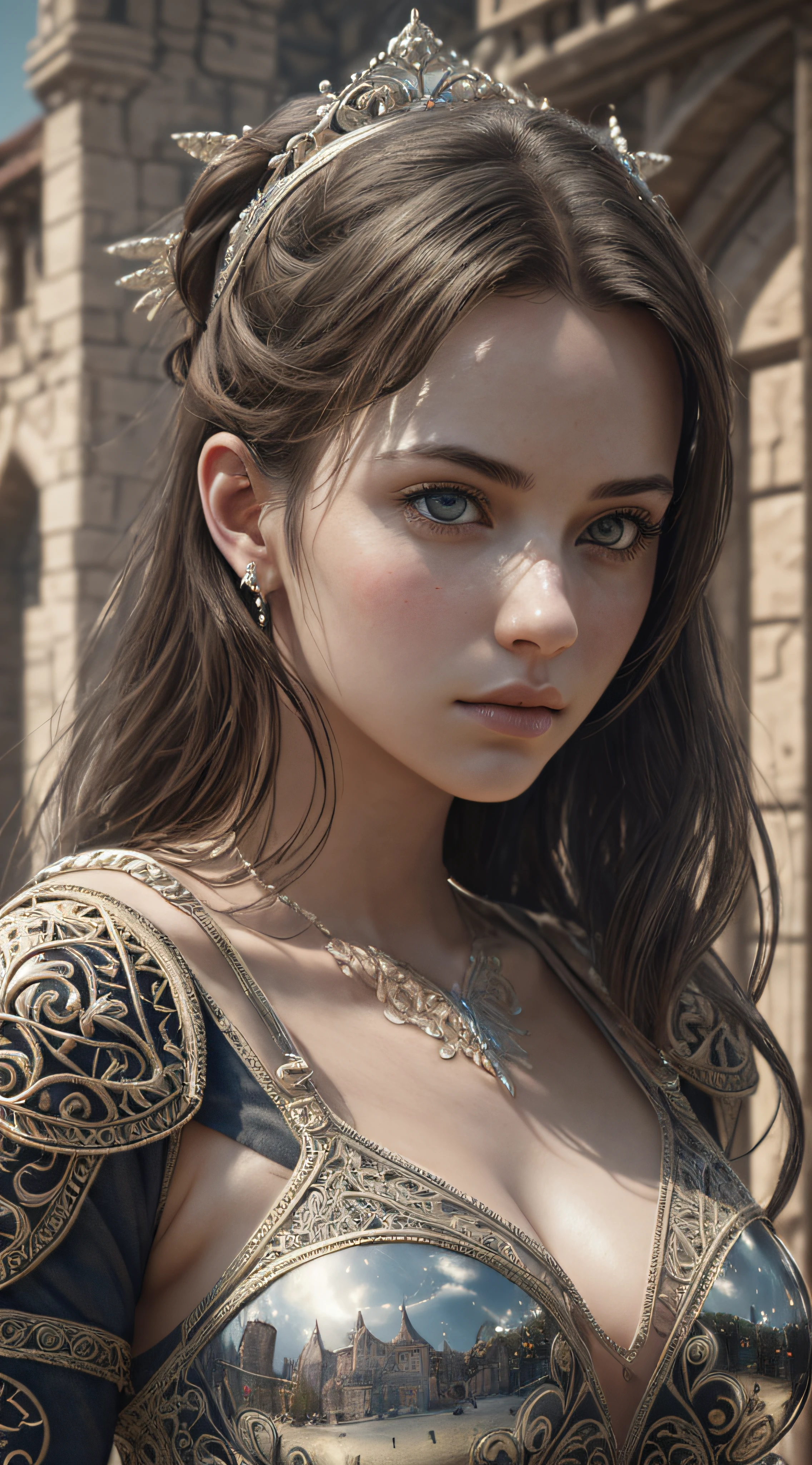 (masterpiece), (extremely intricate:1.3), (realistic), portrait of a girl, the most beautiful in the world, (medieval armor), metal reflections, upper body, outdoors, intense sunlight, far away castle, professional photograph of a stunning woman detailed, sharp focus, dramatic, award winning, cinematic lighting, octane render, unreal engine, volumetrics dtx, (film grain)