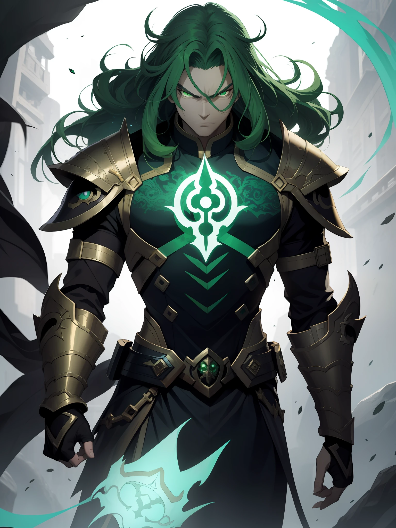 Chinese man with an armor made of jade, green eyes, big hair with green locks, with a gauntlet made of jade, with an aura of jade, with an evil look